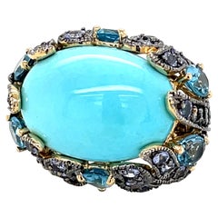 Carlo Viani, bague cocktail Le Vian en or 14 carats avec turquoise, topaze bleue et tanzanite