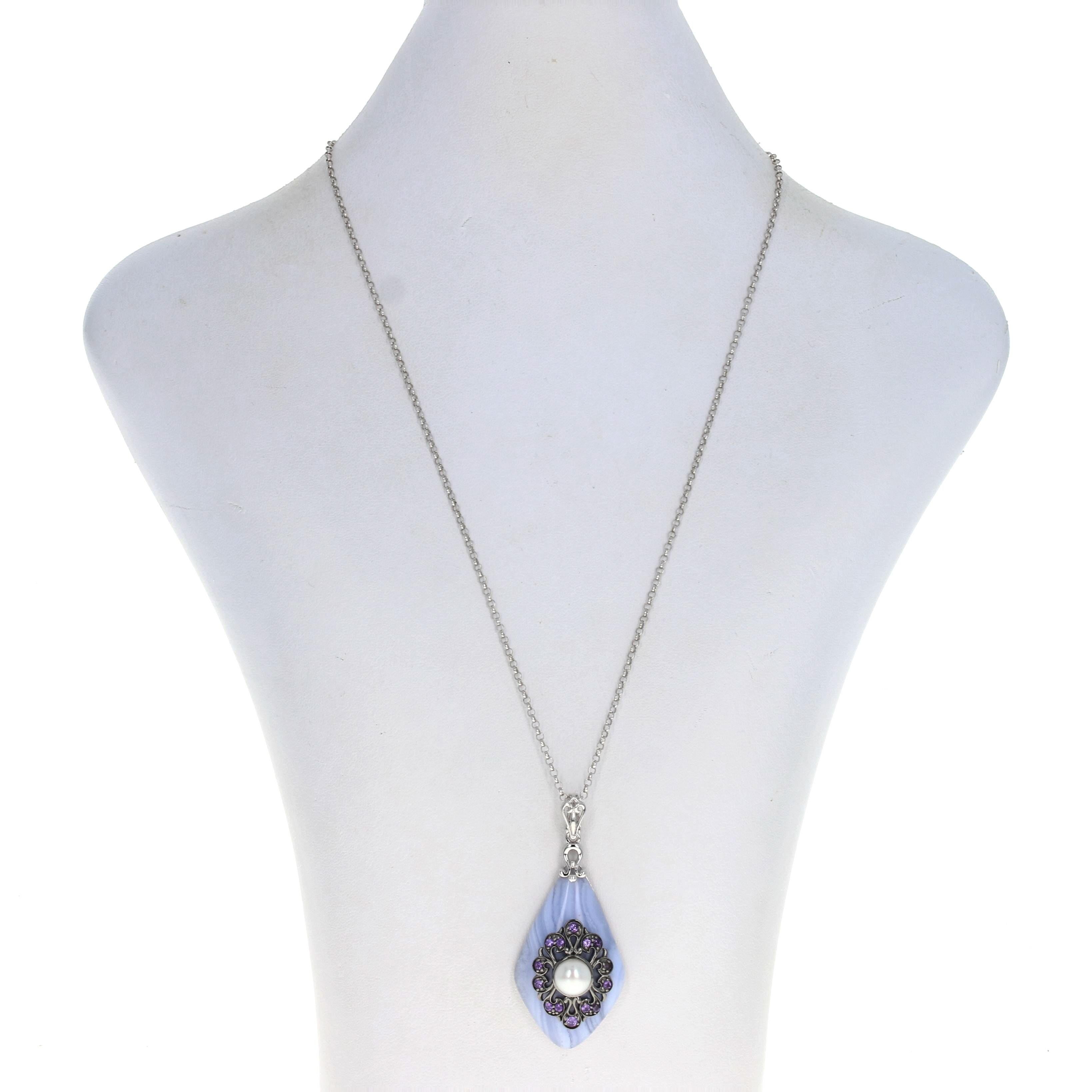 Retail Price: $747.50

Brand: Carlo Viani

Metal Content: Sterling Silver

Stone Information
Genuine Freshwater Pearl
Color: White

Genuine Amethysts
Total Carats: .70ctw
Cut: Round
Color: Purple

Genuine Lacy Agate
Color: Purple

Pendant Style: