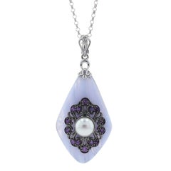 Carlo Viani Pearl Amethyst Lacy Agate Halo Necklace Sterling 925 .70ctw Adjust