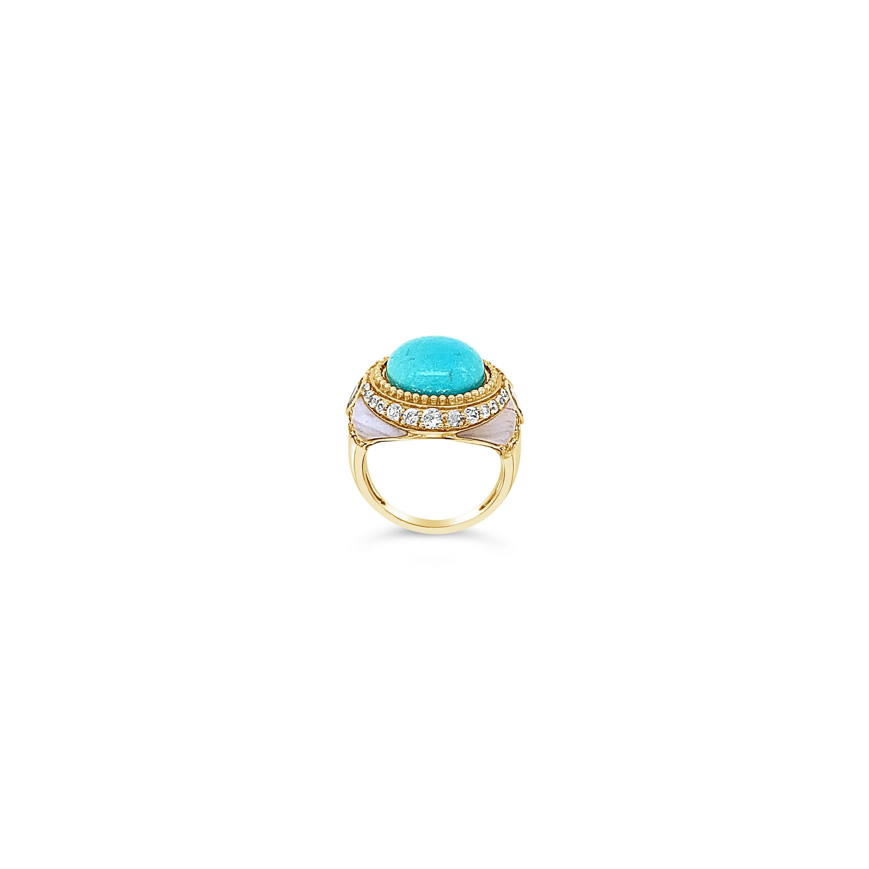 Carlo Viani® Ring featuring 3/8 cts. Blue Topaz, 3/4 cts. White Sapphire, Blue Agate, Robins Egg Blue Turquoise™,  set in 14K Honey Gold™

Diamonds Breakdown:
None

Gems Breakdown:
12mm Turquoise
7x5mm Blue Agate
3/4 cts White Sapphire
3/8 cts Blue