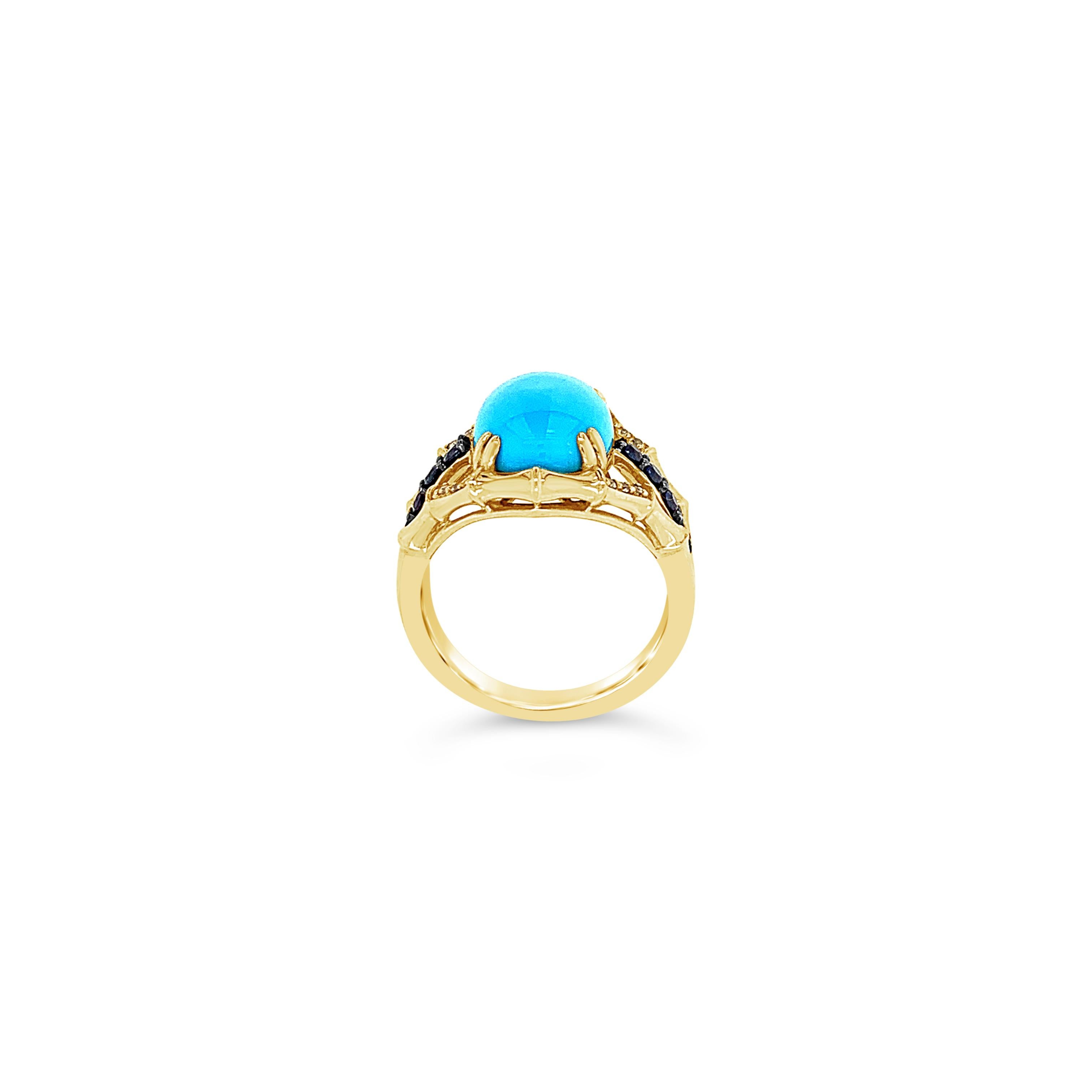 Carlo Viani® Ring featuring 1/3 cts. Blueberry Sapphire™, 1/8 cts. White Sapphire, Robins Egg Blue Turquoise™, set in 14K Honey Gold™

Diamonds Breakdown:
None

Gems Breakdown:
14x10mm Turquoise
1/3 cts Sapphire
1/8 cts White Sapphire


Please feel