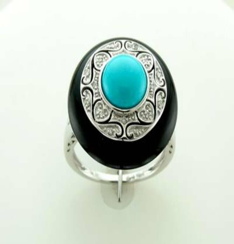 Carlo Viani Ring Featuring Black Agate, Robins Egg Blue Turquoise Vanilla For Sale