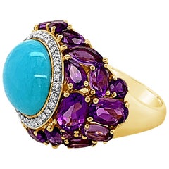 Carlo Viani 14K Yellow Gold Turquoise, Amethyst, Diamond Halo Cocktail Ring