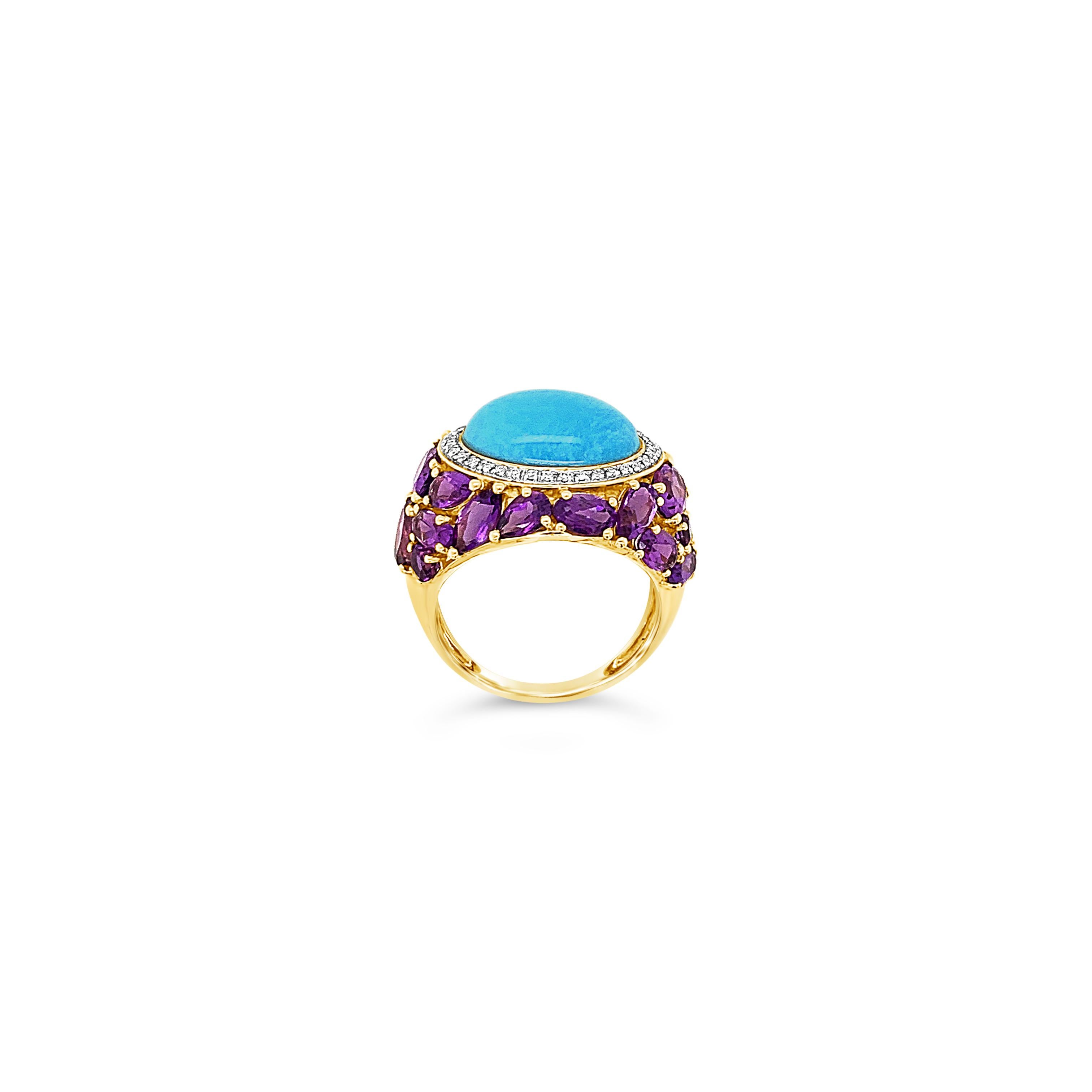 Carlo Viani® Ring featuring 4 1/2 cts. Grape Amethyst™, Robins Egg Blue Turquoise™, 1/8 cts. Vanilla Diamonds® set in 14K Honey Gold™

Diamonds Breakdown:
1/8 cts White Diamonds

Gems Breakdown:
14x11mm Turquoise
4 1/2 cts Amethyst

Please feel free
