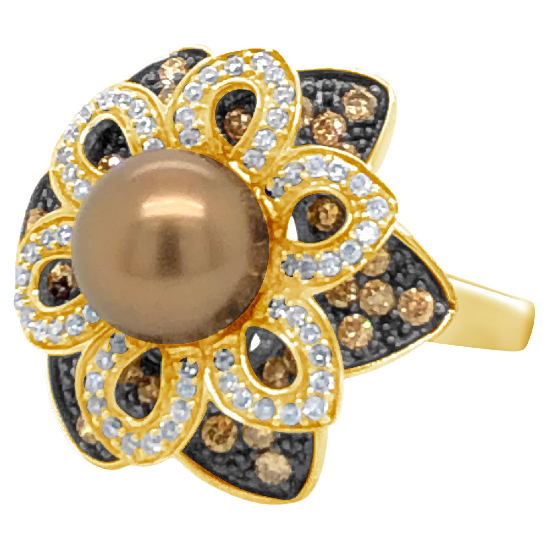 Carlo Viani Ring Pearl in 14K Yellow Gold Cocktail Brown Round 1 1/4 Cts For Sale