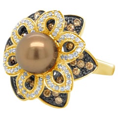 Carlo Viani Ring Pearl in 14K Yellow Gold Cocktail Brown Round 1 1/4 Cts