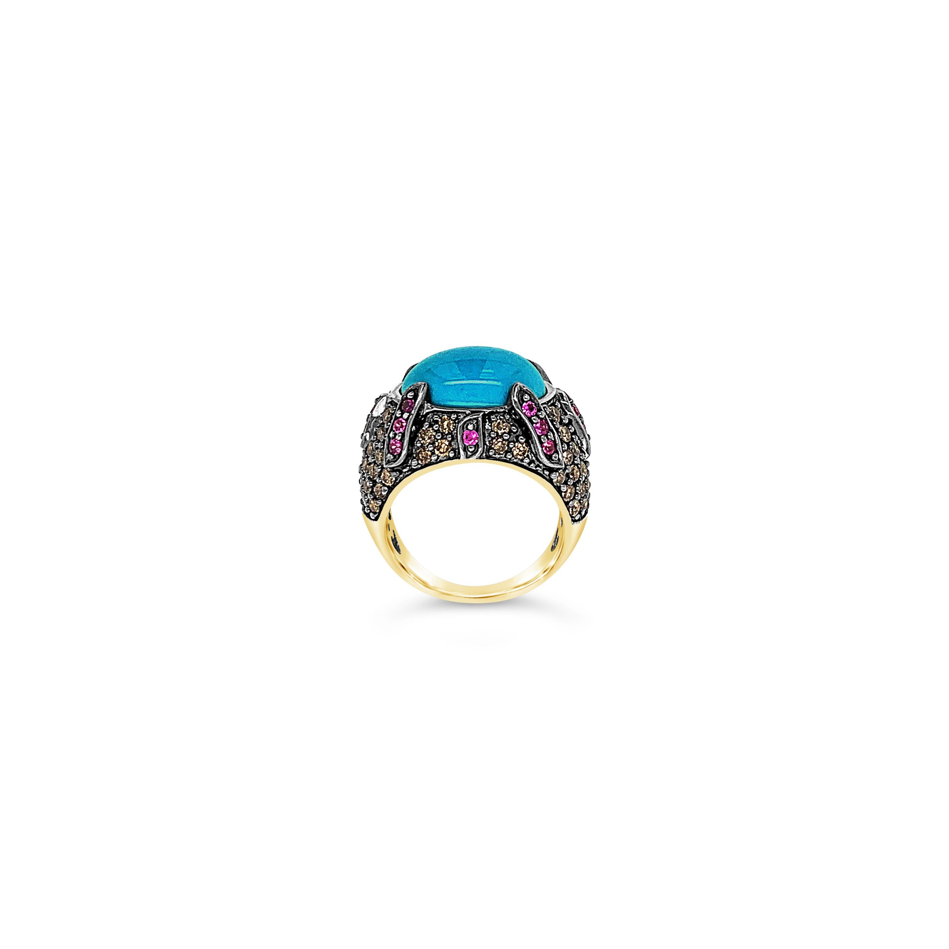 Carlo Viani® Ring featuring 5 3/4 cts. Robins Egg Blue Turquoise™, 1/3 cts. Bubble Gum Pink Sapphire™, 1 1/2 cts. Chocolate Diamonds® set in 14K Honey Gold™

Diamonds Breakdown:
1 1/2 cts Brown Diamonds

Gems Breakdown:
5 3/4 cts Turquoise
1/3 cts