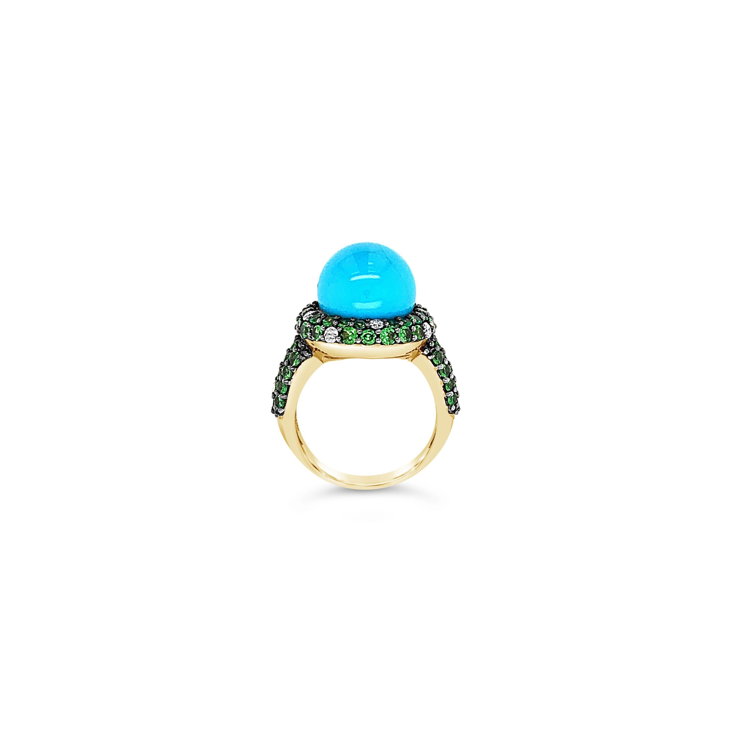 Carlo Viani® Ring featuring 8 1/8 cts. Robins Egg Blue Turquoise™, 1 3/4 cts. Forest Green Tsavorite™, 1/4 cts. Vanilla Diamonds® set in 14K Honey Gold™

Item comes with a Carlo Viani® suede pouch!