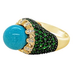 Carlo Viani Ring, Turquoise, Tsavorite, Vanilla Diamonds, 14 Karat Honey Gold