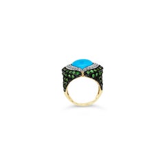 Carlo Viani 14K Yellow Gold Turquoise Tsavorite Round Diamond Double Halo Ring