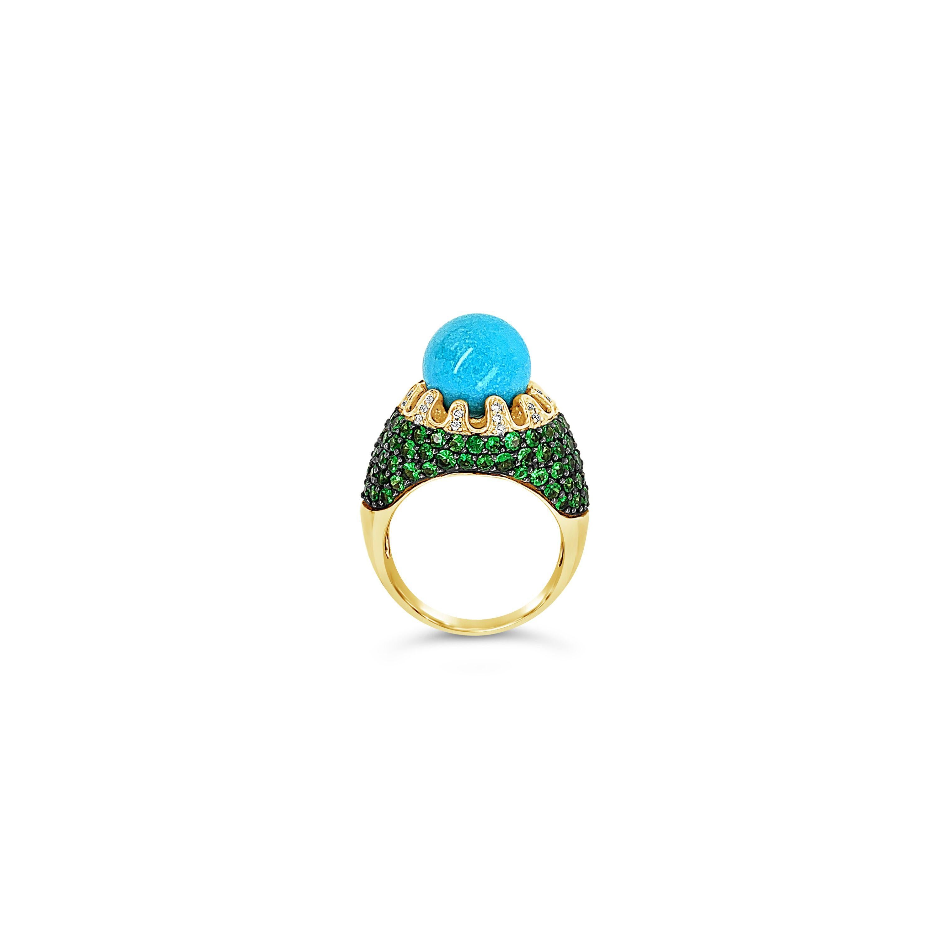 Carlo Viani® Ring featuring 9 1/5 cts. Robins Egg Blue Turquoise™, 3 1/6 cts. Forest Green Tsavorite™, 1/8 cts. Vanilla Diamonds® set in 14K Honey Gold™

Ring may or may not be sizable, please feel free to reach out with any questions!

Item comes