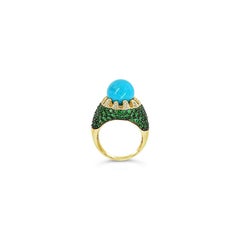 Carlo Viani Ring, Turquoise, Tsavorite, Vanilla Diamonds, 14K Honey Gold