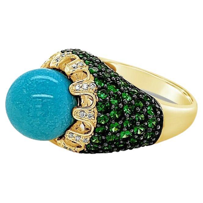 Carlo Viani Ring, Turquoise, Tsavorite, Vanilla Diamonds, 14K Honey Gold For Sale