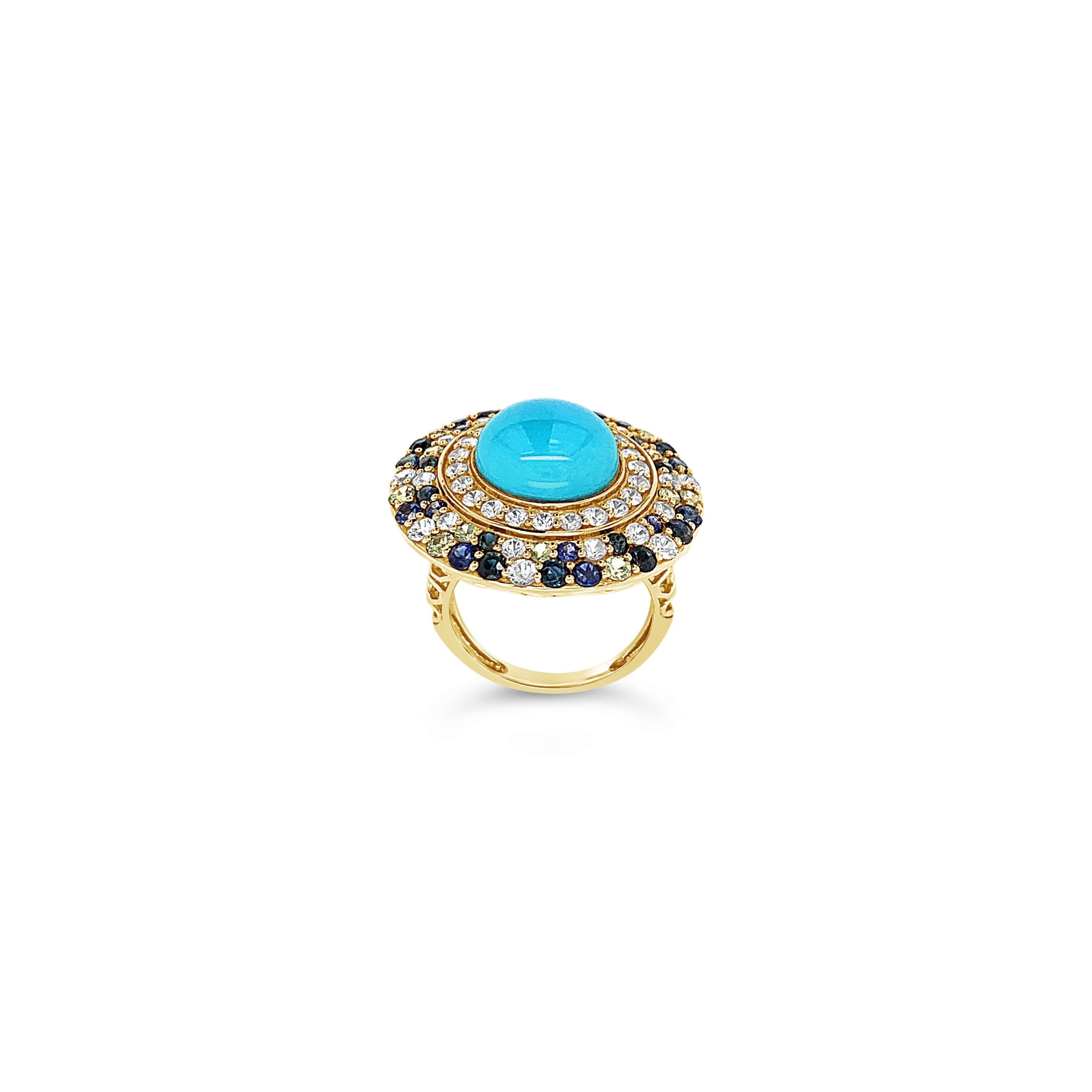 Carlo Viani® Ring featuring 3 5/8 cts. Multicolor Sapphire, Robins Egg Blue Turquoise™,  set in 14K Honey Gold™

Diamonds Breakdown:
None

Gems Breakdown:
12mm Turquoise
3 5/8 cts Multicolor Sapphire

Please feel free to reach out with any