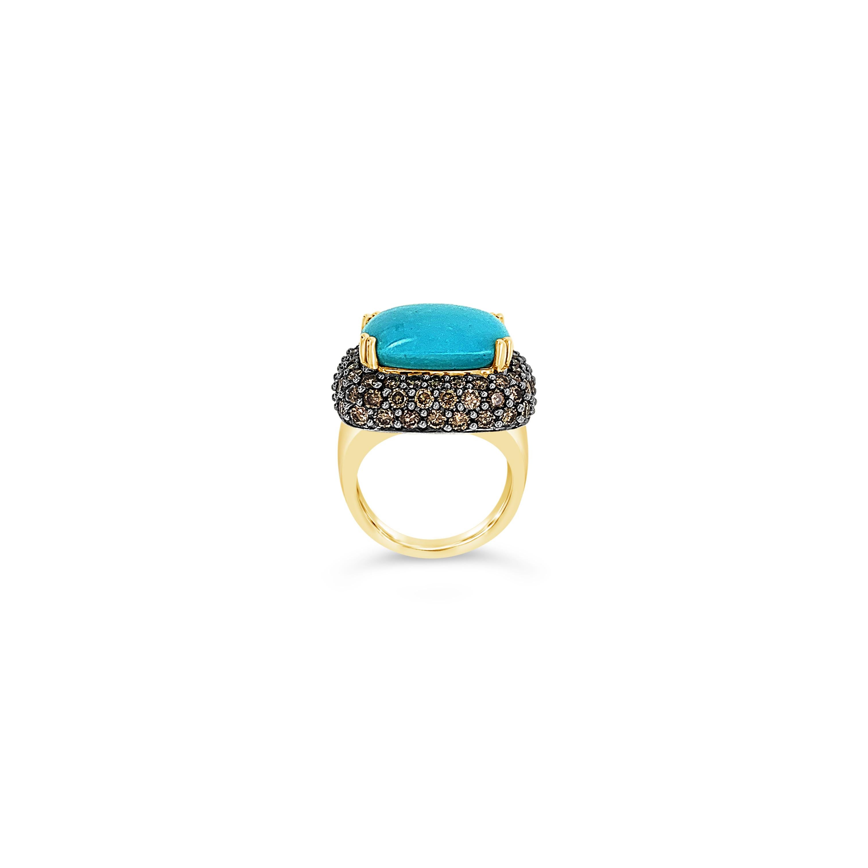 Carlo Viani® Ring featuring 9 1/4 cts. Robins Egg Blue Turquoise™, 2 2/3 cts Chocolate Diamonds® set in 14K Honey Gold™
Diamonds Breakdown:
2 2/3 cts Brown Diamonds

Gems Breakdown:
9 1/4 cts Turquoise

Please feel free to reach out with any