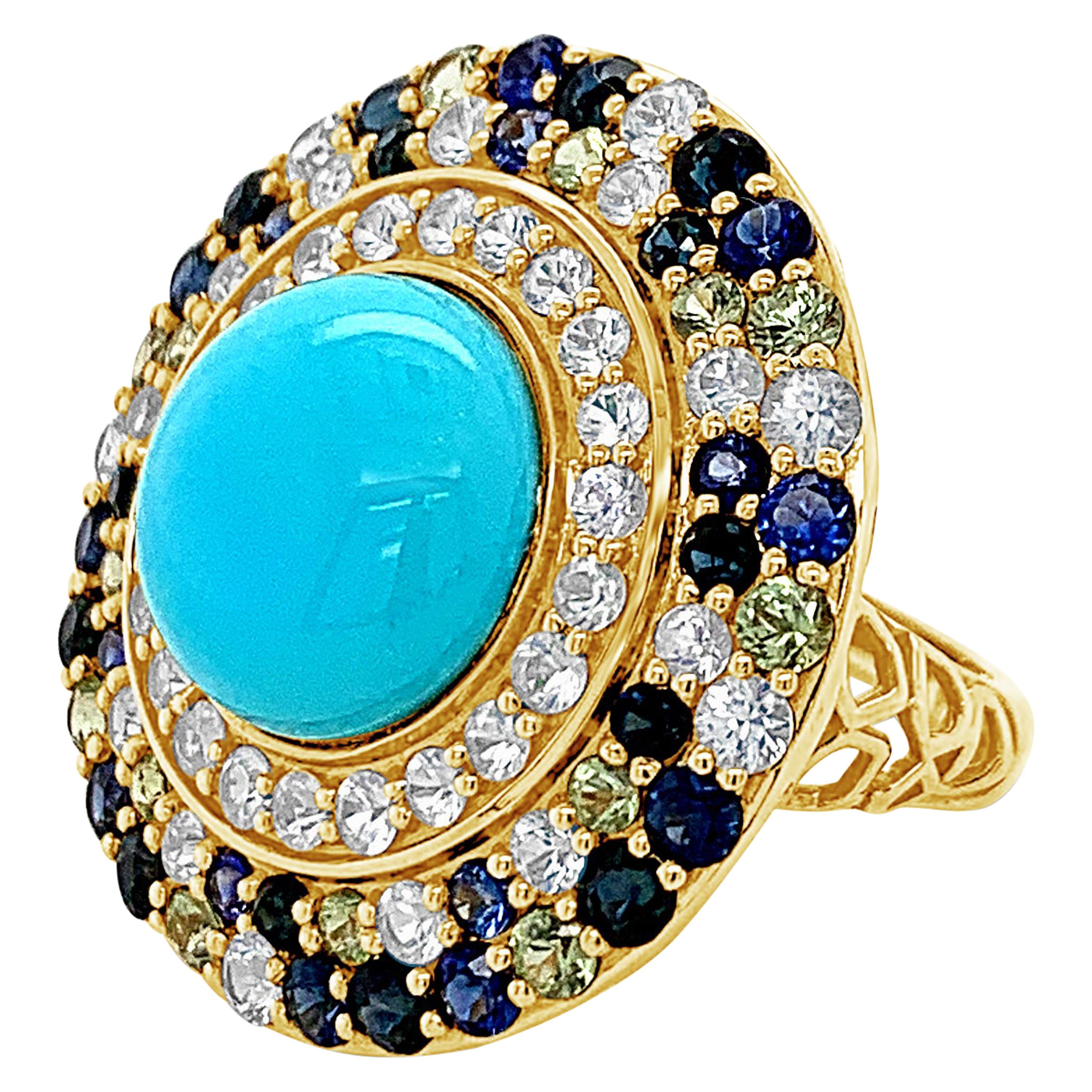 Carlo Viani 14K Yellow Gold Sleeping Beauty Turquoise, Multicolor Sapphire Ring