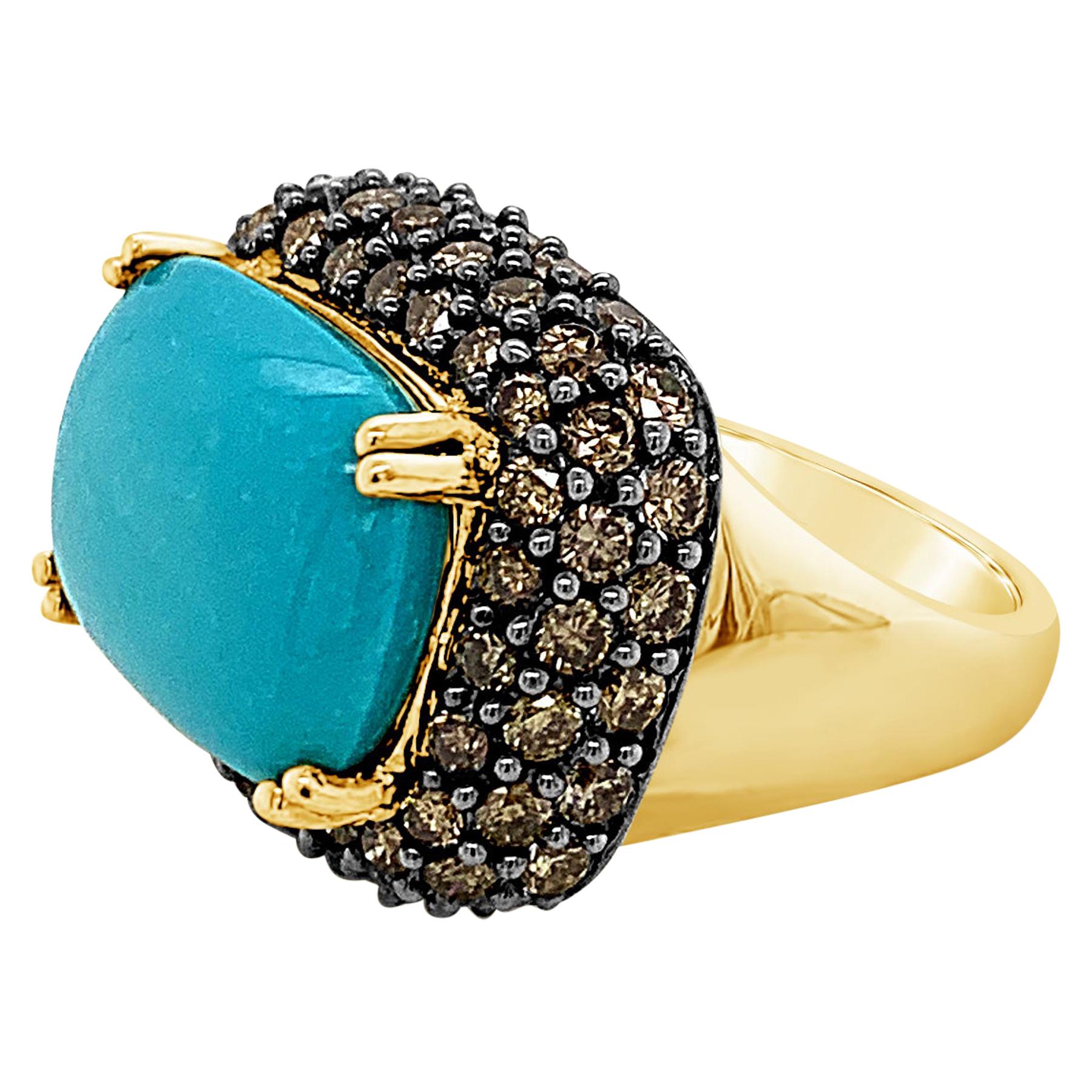 Carlo Viani 14K Yellow Gold Turquoise & Chocolate Brown Diamond Halo Ring