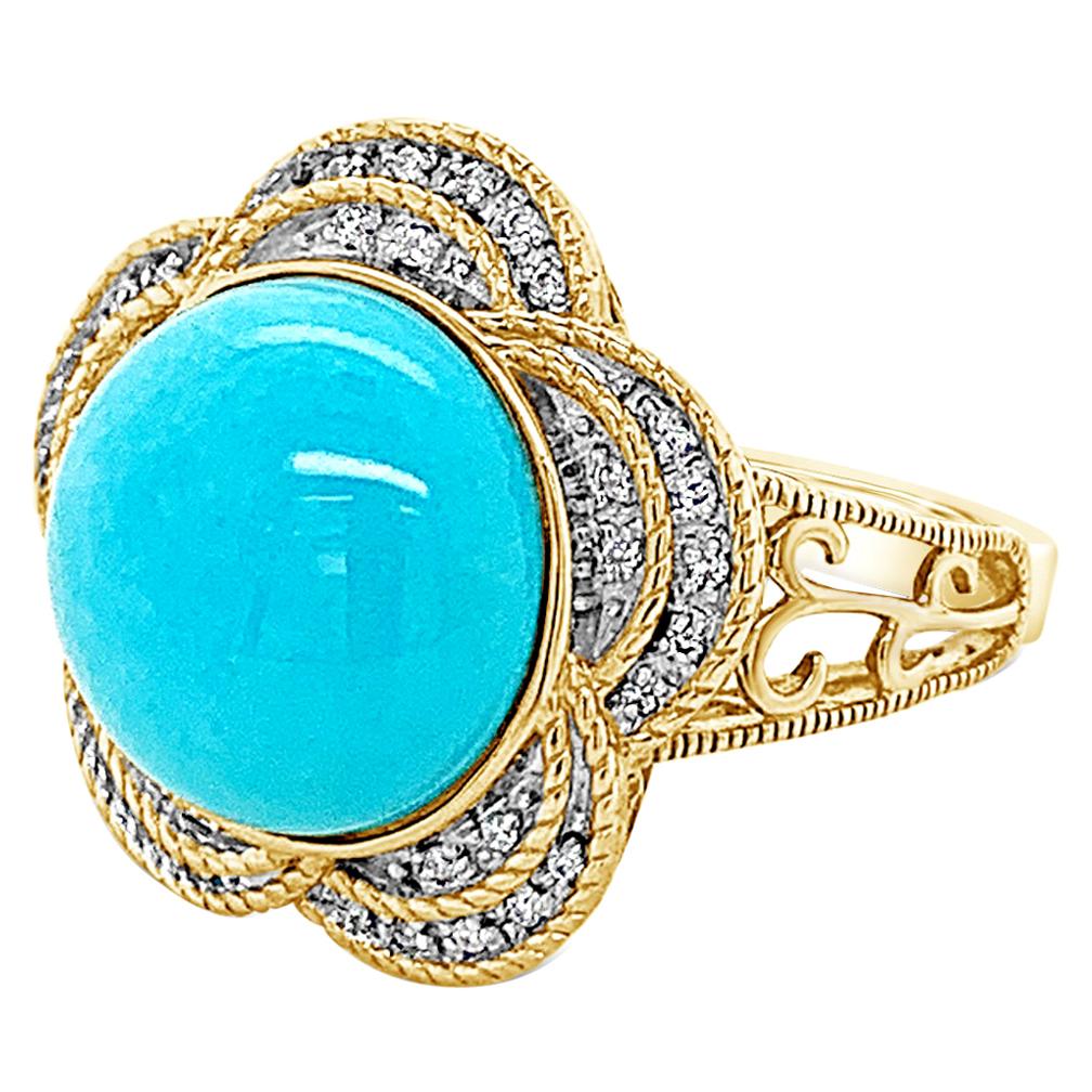 Carlo Viani Ring 14K Yellow Gold Turquoise & White Diamond Flower Cocktail Ring