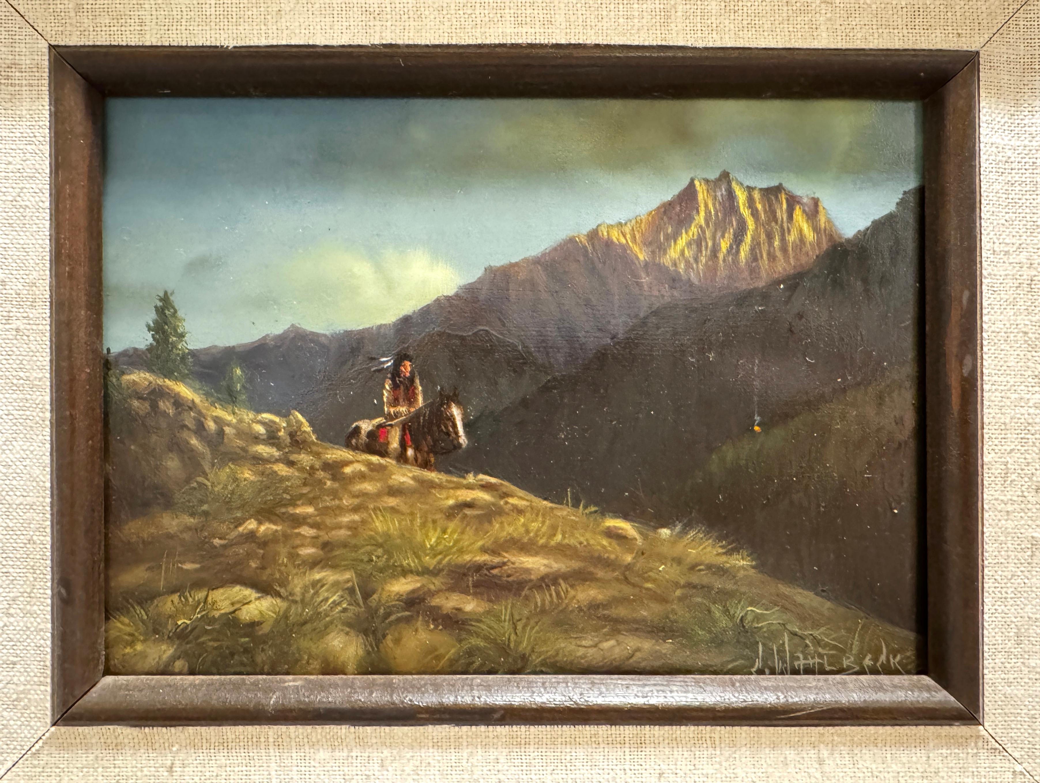 Carlo Wahlbeck (b. 1933), The Intruder, Oil on Copper. 

This small painting has a brilliant luminosity, and is beautifully presented in a giltwood frame with linen matte. It depicts a quiet scene of a lone rider in feathered headdress, approaching