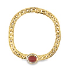 Carlo Weingrill 18K Gold 18ct Coral & 2.4ct Diamond Curb Link Collar Necklace