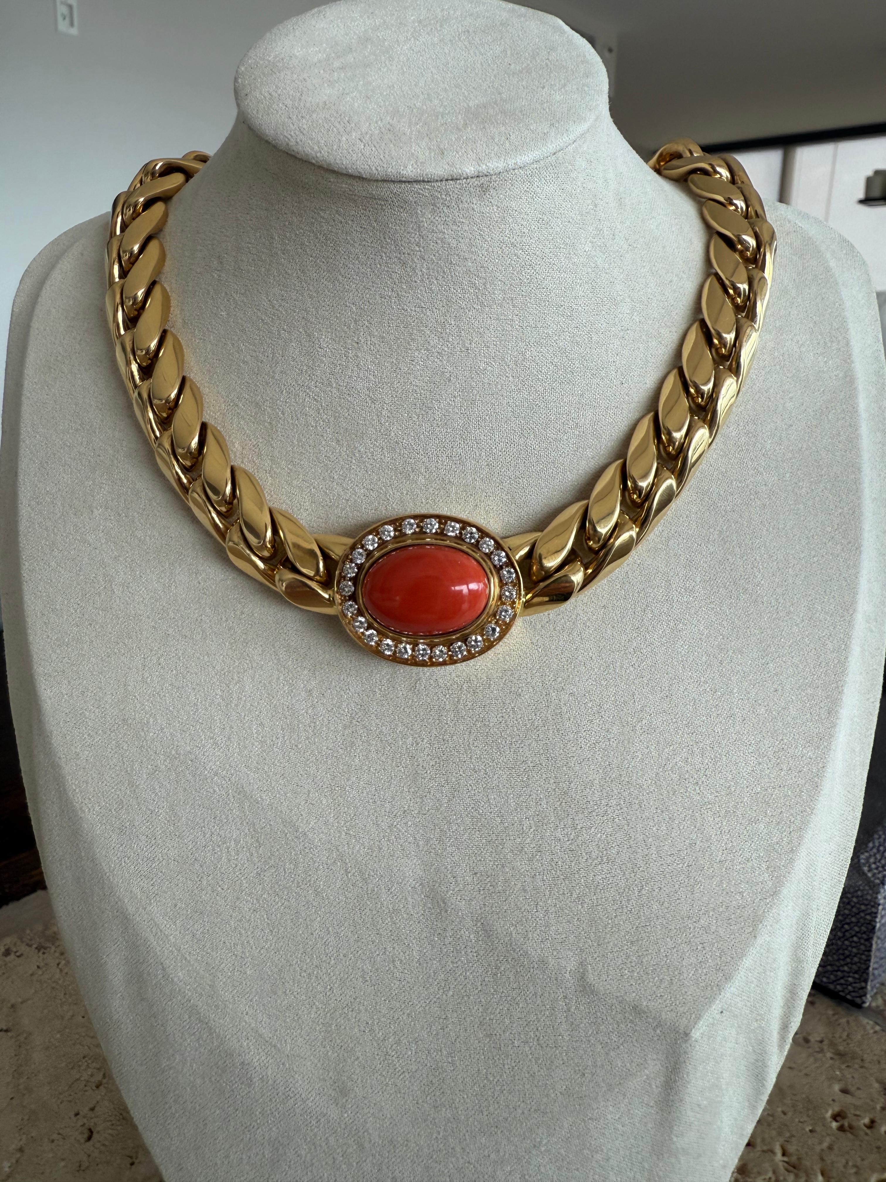 Collier A Link en or 18 carats avec corail et diamant 2,4 carats en vente 3