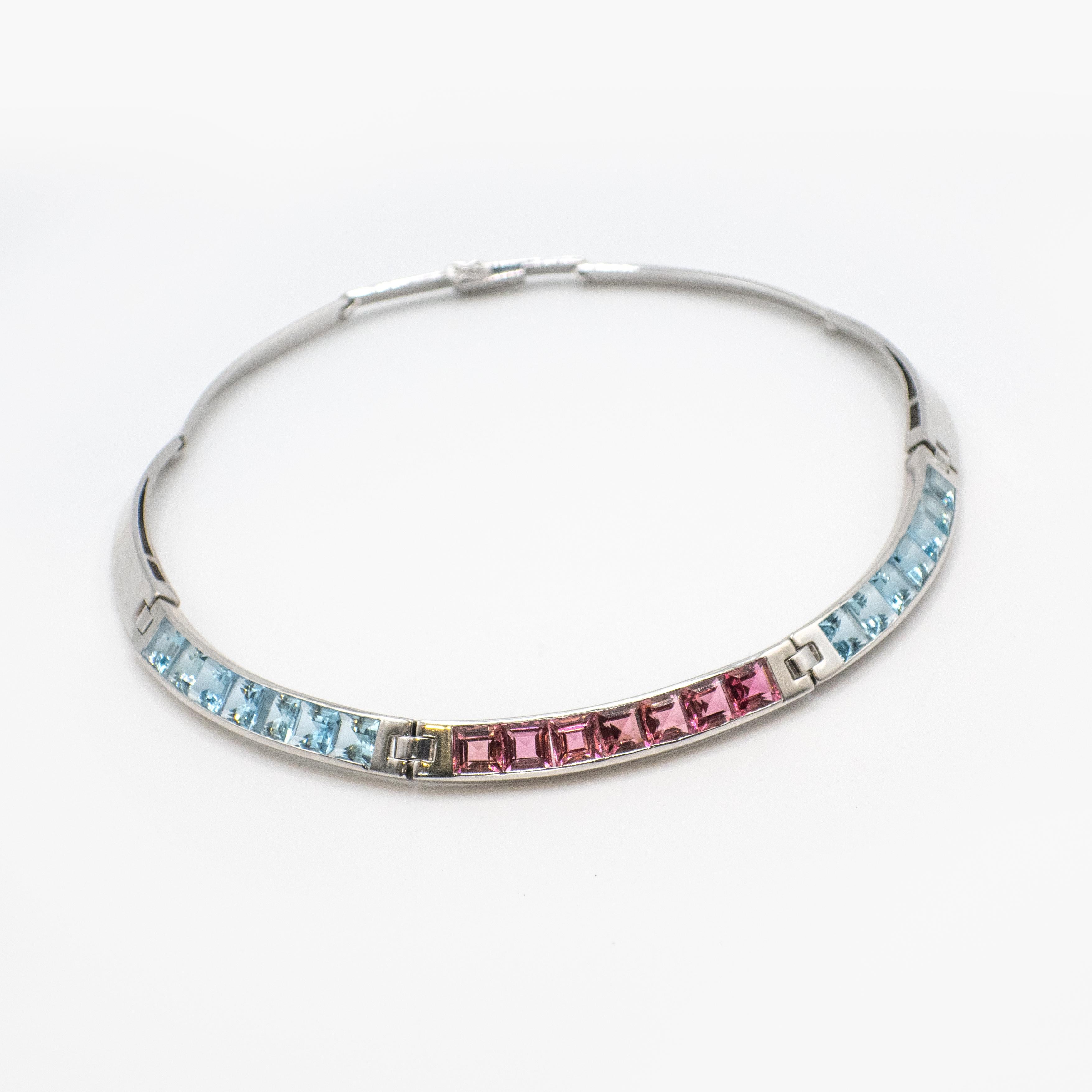 Carlo Weingrill 18K White Gold Aquamarine and Tourmaline Choker Necklace For Sale 6