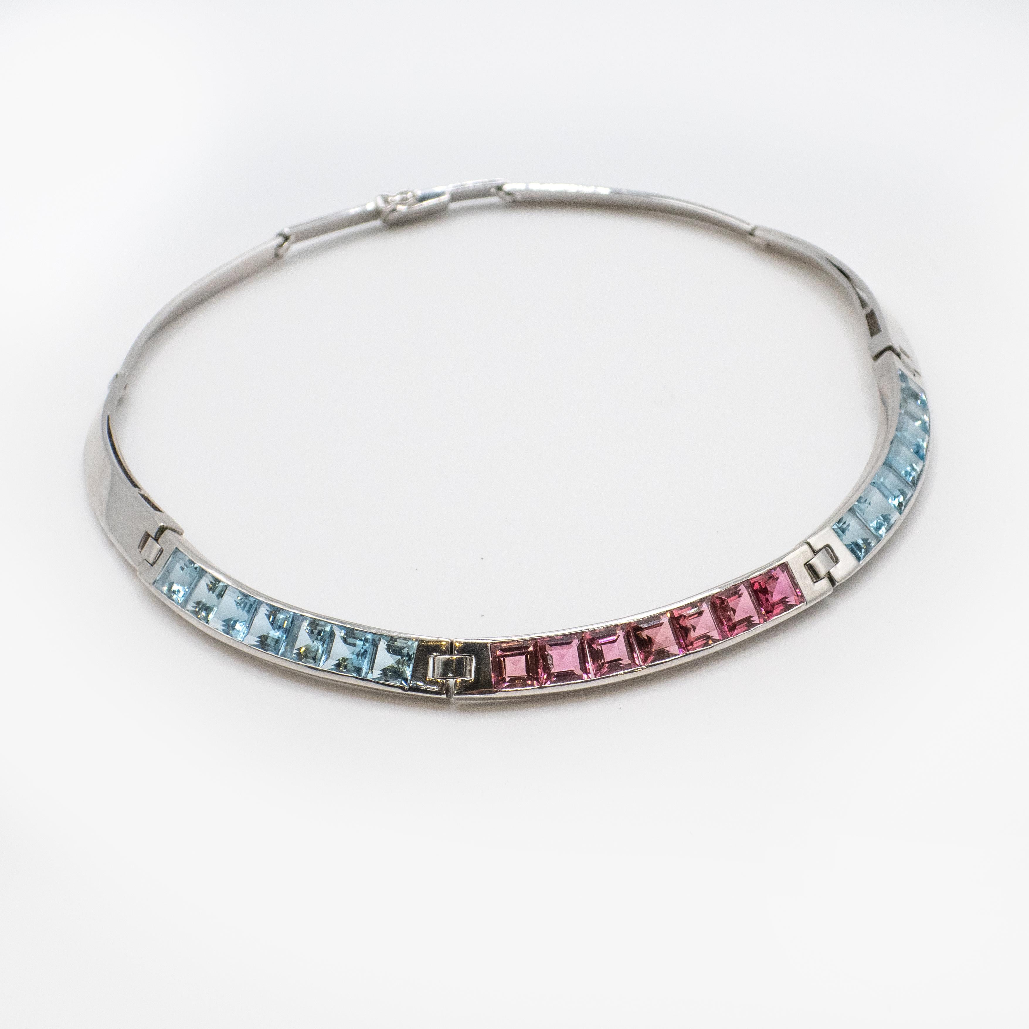 Carlo Weingrill 18K White Gold Aquamarine and Tourmaline Choker Necklace For Sale 7