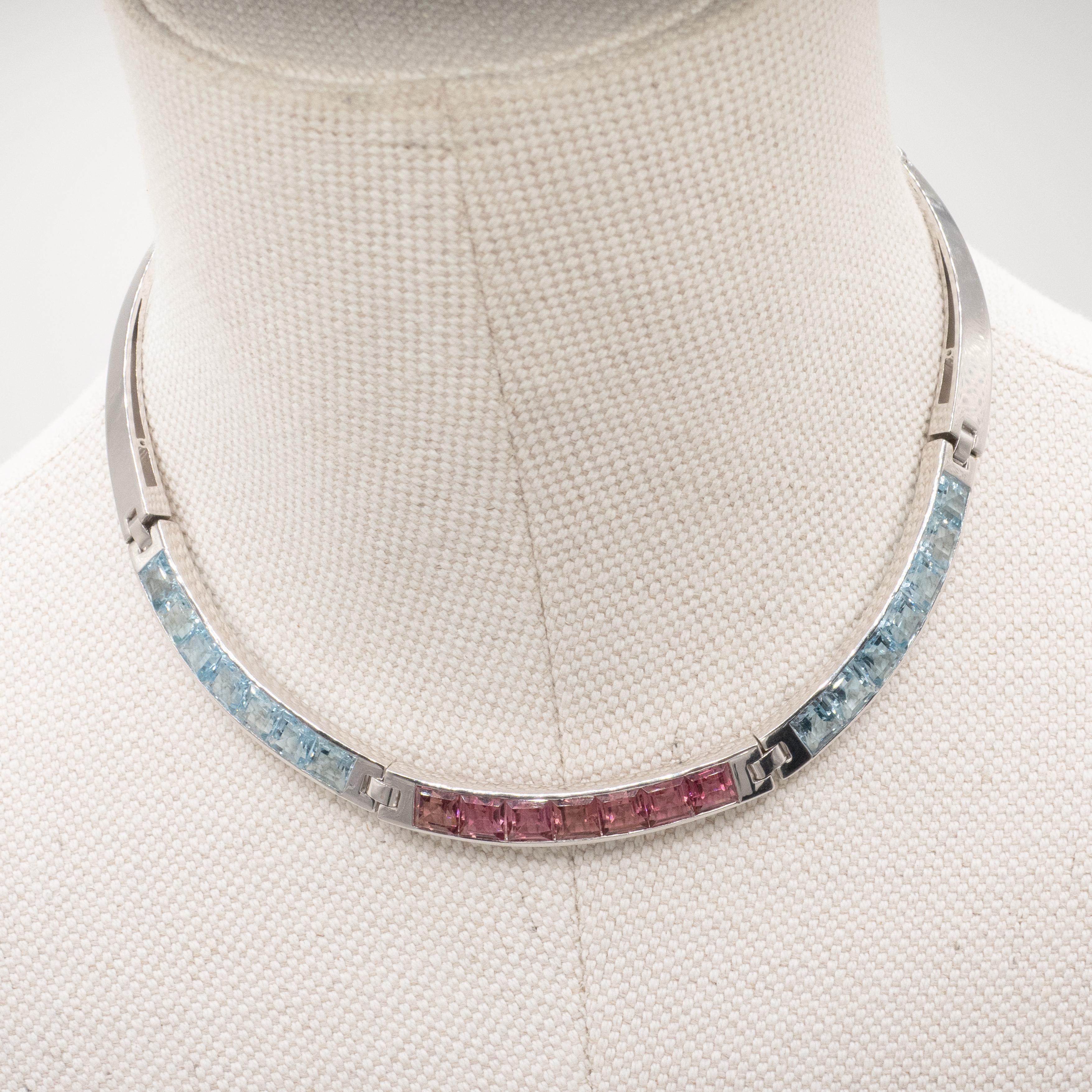 Carlo Weingrill 18K White Gold Aquamarine and Tourmaline Choker Necklace For Sale 3