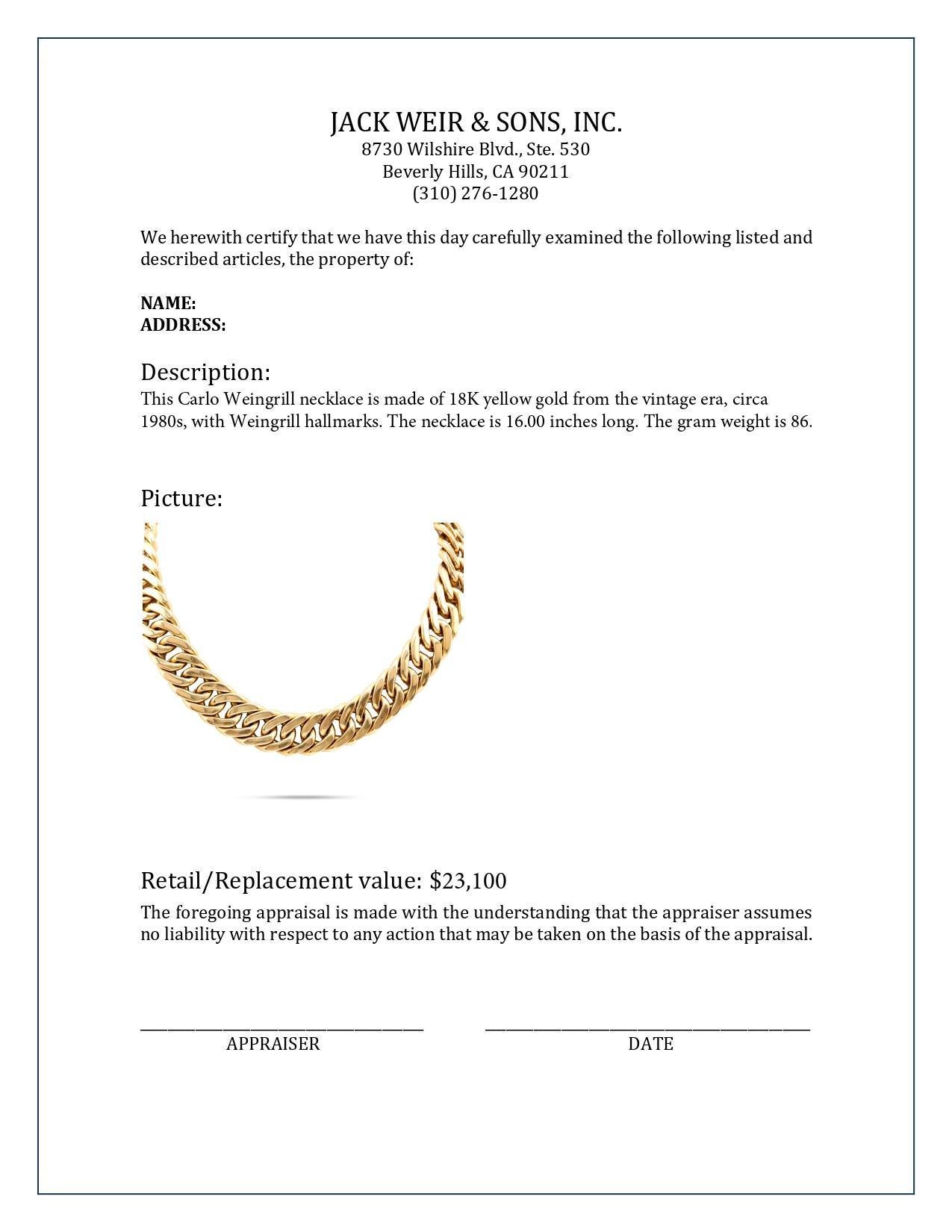 Carlo Weingrill 18K Gelbgold Curb Link Halskette für Damen oder Herren