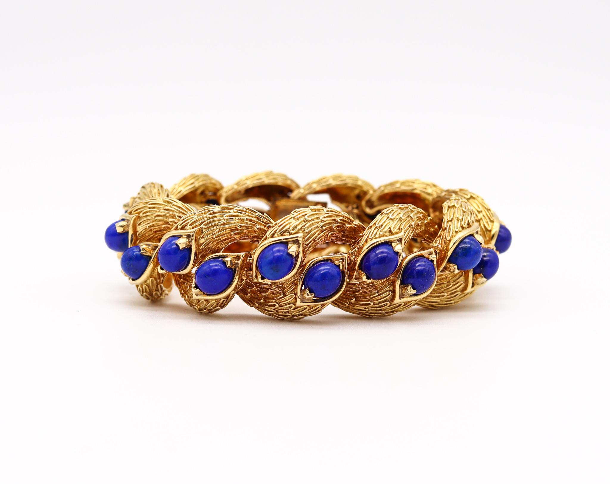 Byzantine bracelet designed by Carlo Weingrill.

Beautiful piece, created in Verona Italy at the jewelry atelier of Carlo Weingrill, back in the 1960. Crafted in the Byzantine way with textured patterns in solid yellow gold of 18 karats. Fitted with