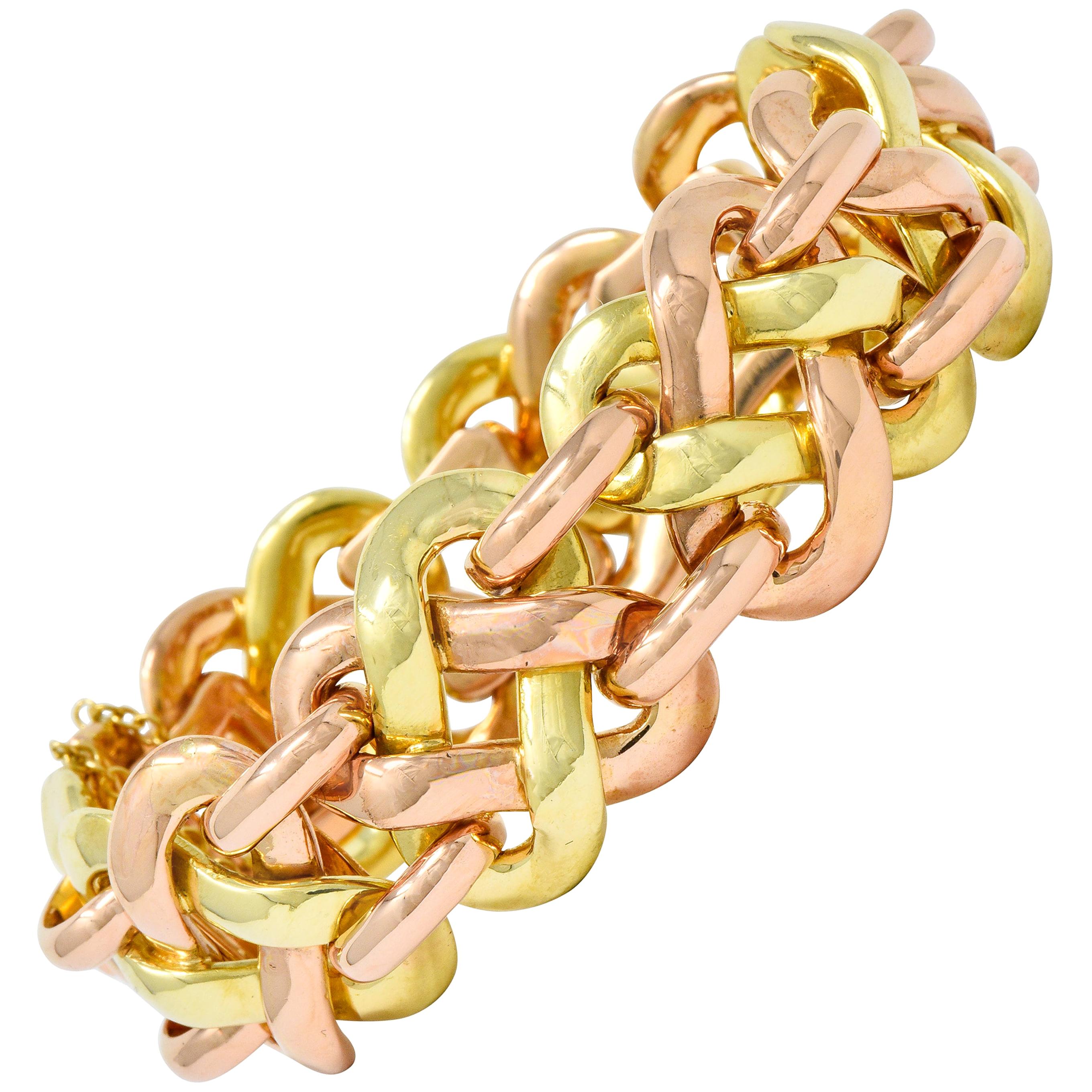 Carlo Weingrill Italian 18 Karat Two-Tone Gold Woven Link Bracelet, circa 1980�’s