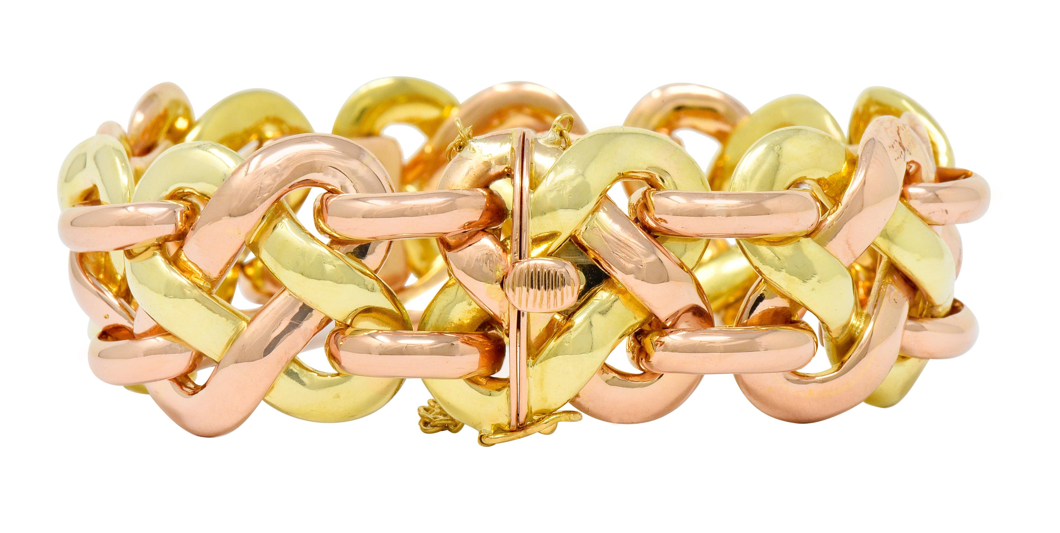 Link style bracelet designed as woven Celtic-like knots of polished rose and yellow gold

Alternating with rose gold spacer links

Completed by a concealed clasp and chain safety with an additional figure eight safety

With maker's mark for Carlo