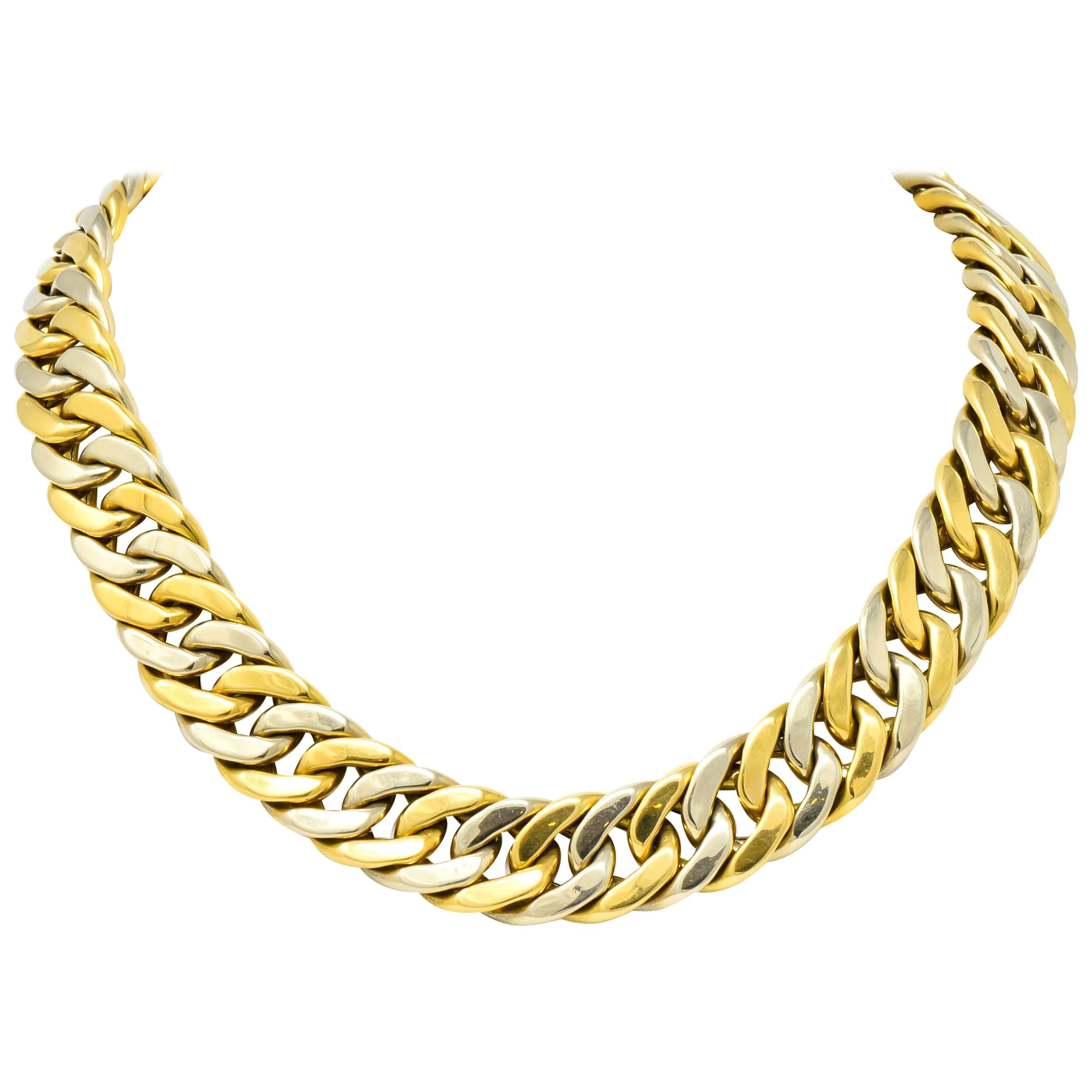 Carlo Weingrill Italian 18 Karat Two-Tone Yellow White Gold Curb Link Necklace