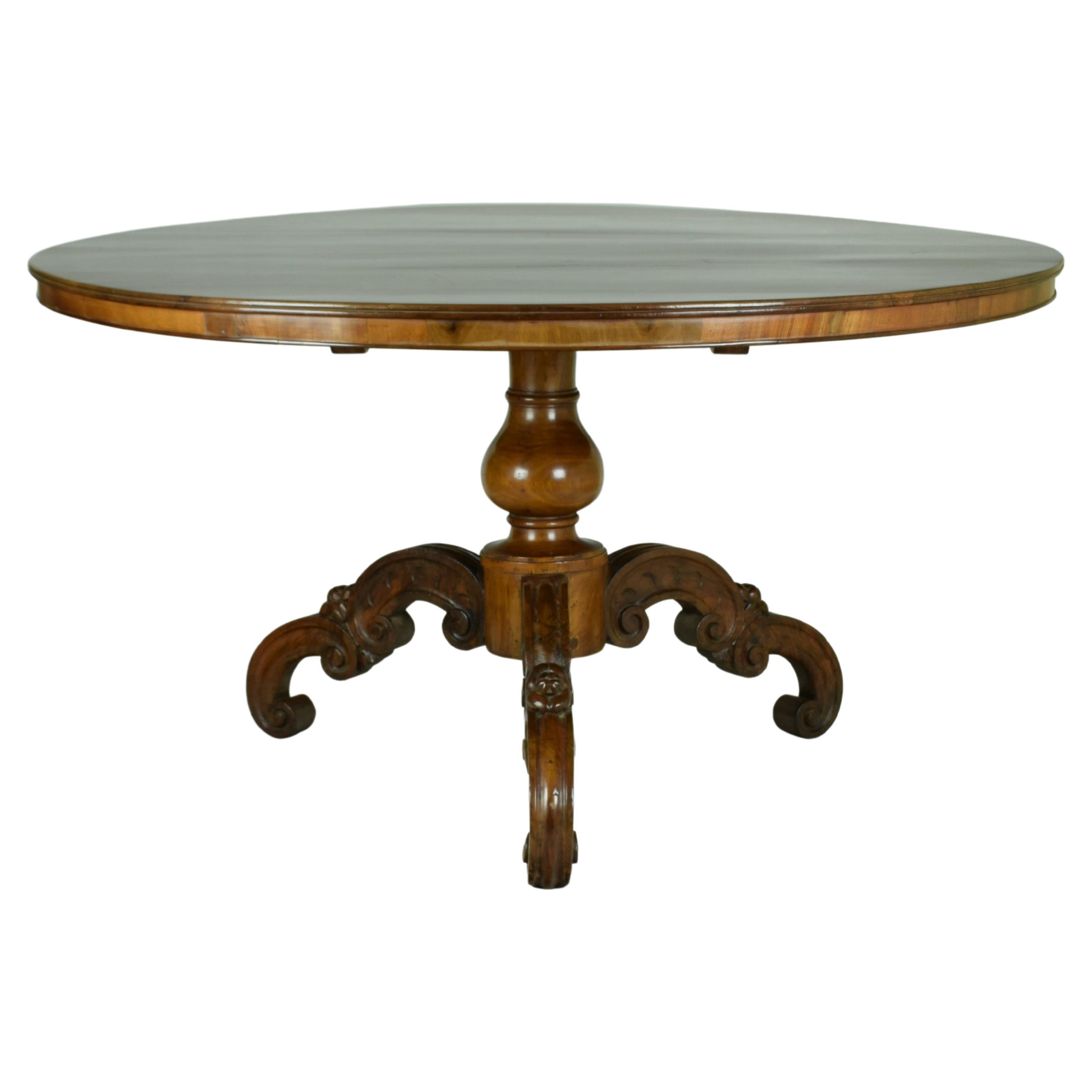 Carlo X Walnut Round Table, Italy, Toscana, Mid-19th Century For Sale