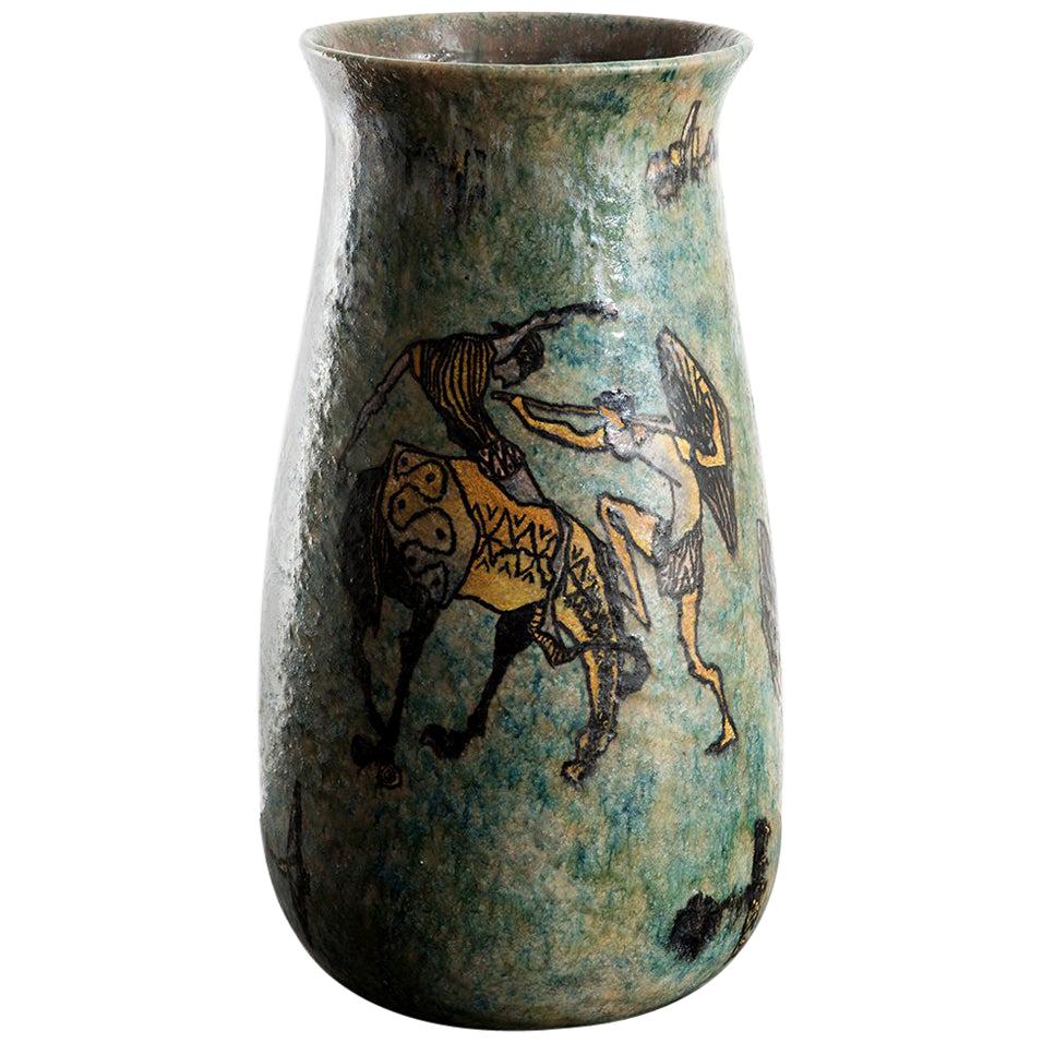 Carlo Zauli Midcentury Mythological Turquoise Glazed Ceramic Italian Vase, 1950s For Sale