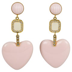 Vintage Carlo Zini Dangle Clip Earrings Pale Pink Resin Heart