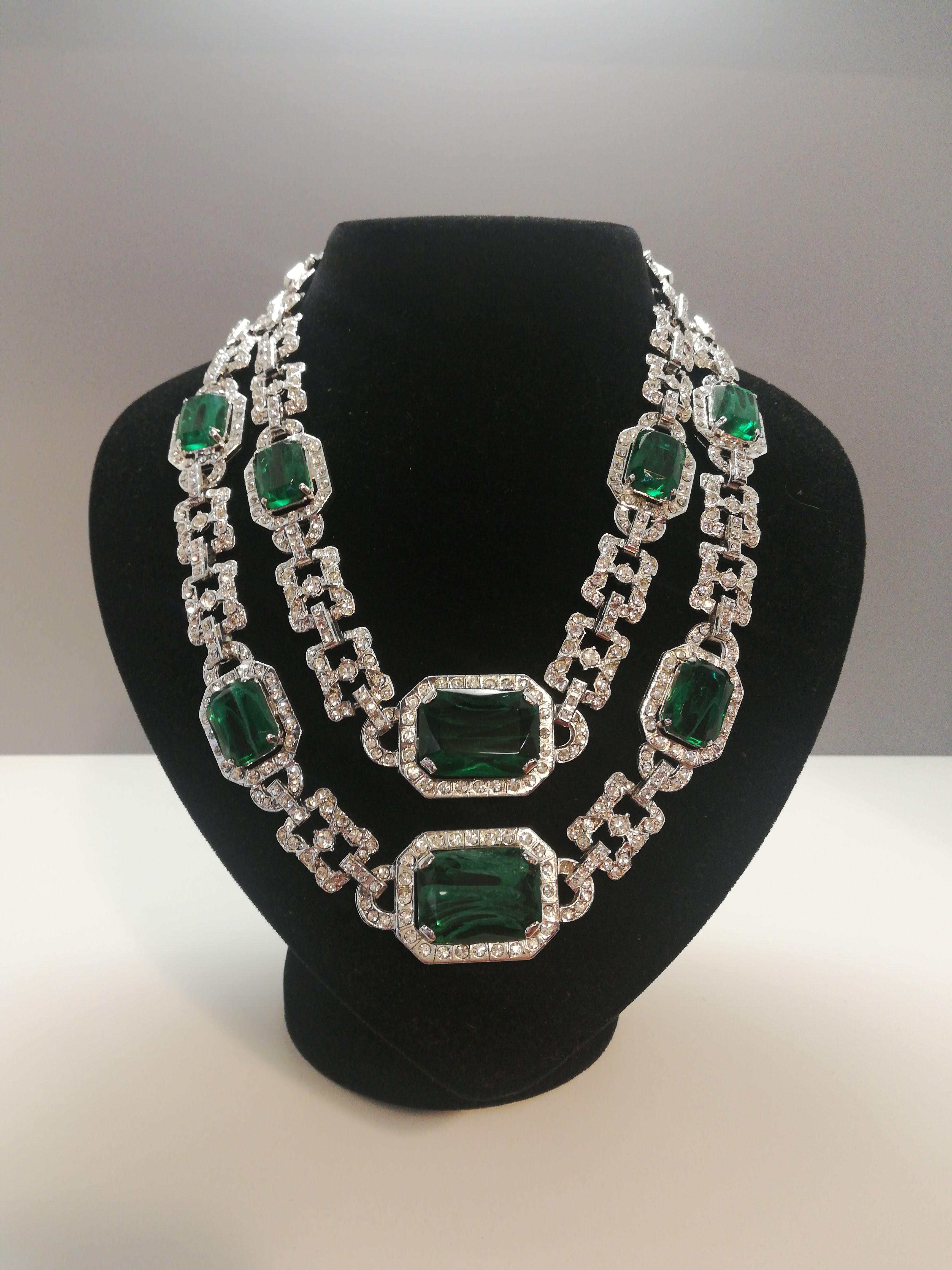 Fantastic piece by Carlo Zini
One of the world greatest bijoux designers
Non allergenic rhodium
Two lines
Amazing hand application of  swarovski crystals
Top quality emerald grivé like crystals, seems real
100% Artisanal work
Made in