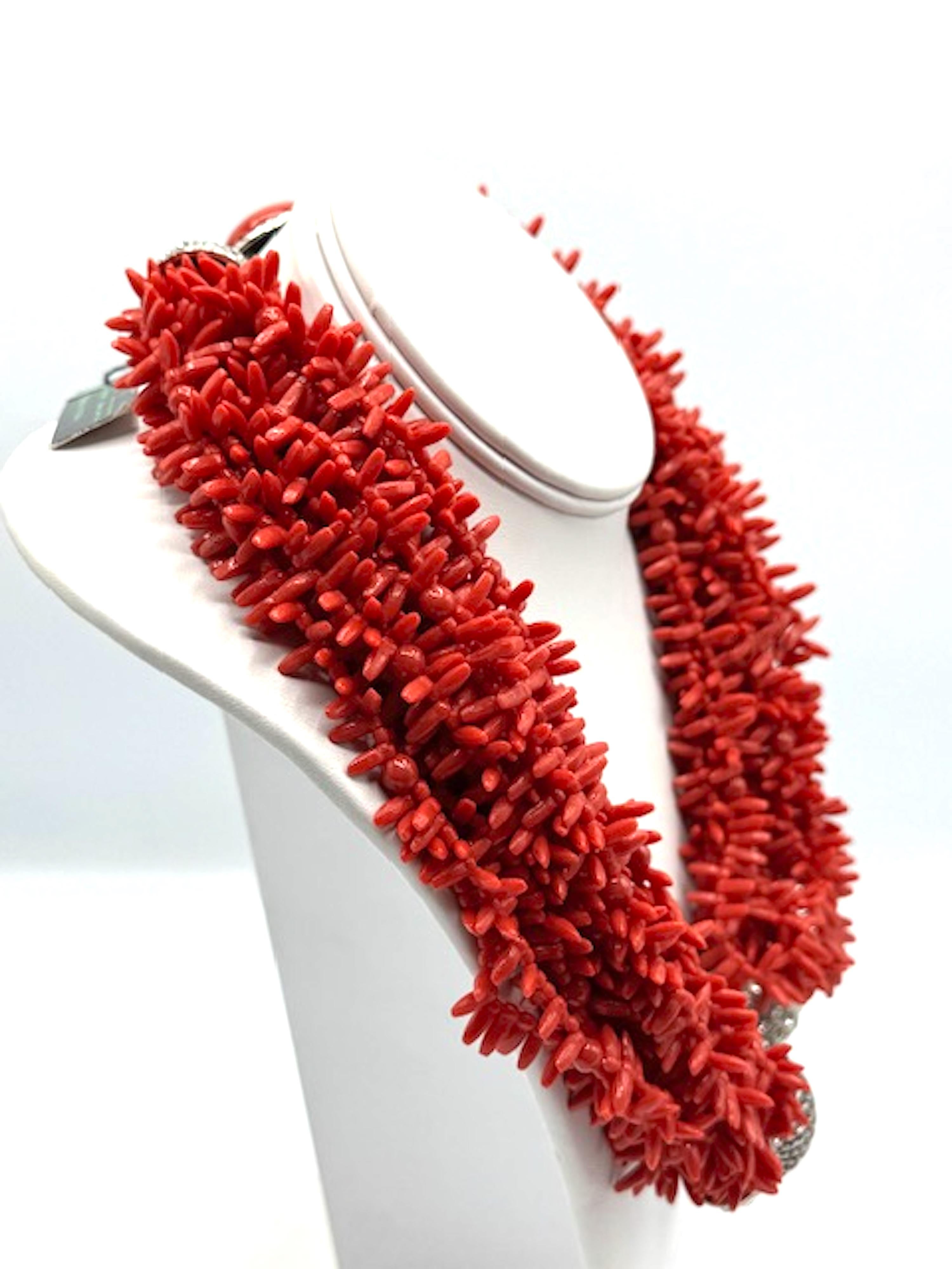 Carlo Zini Faux Sicilian Coral, Sivler & Rhinestone Multi Strand Necklace For Sale 6