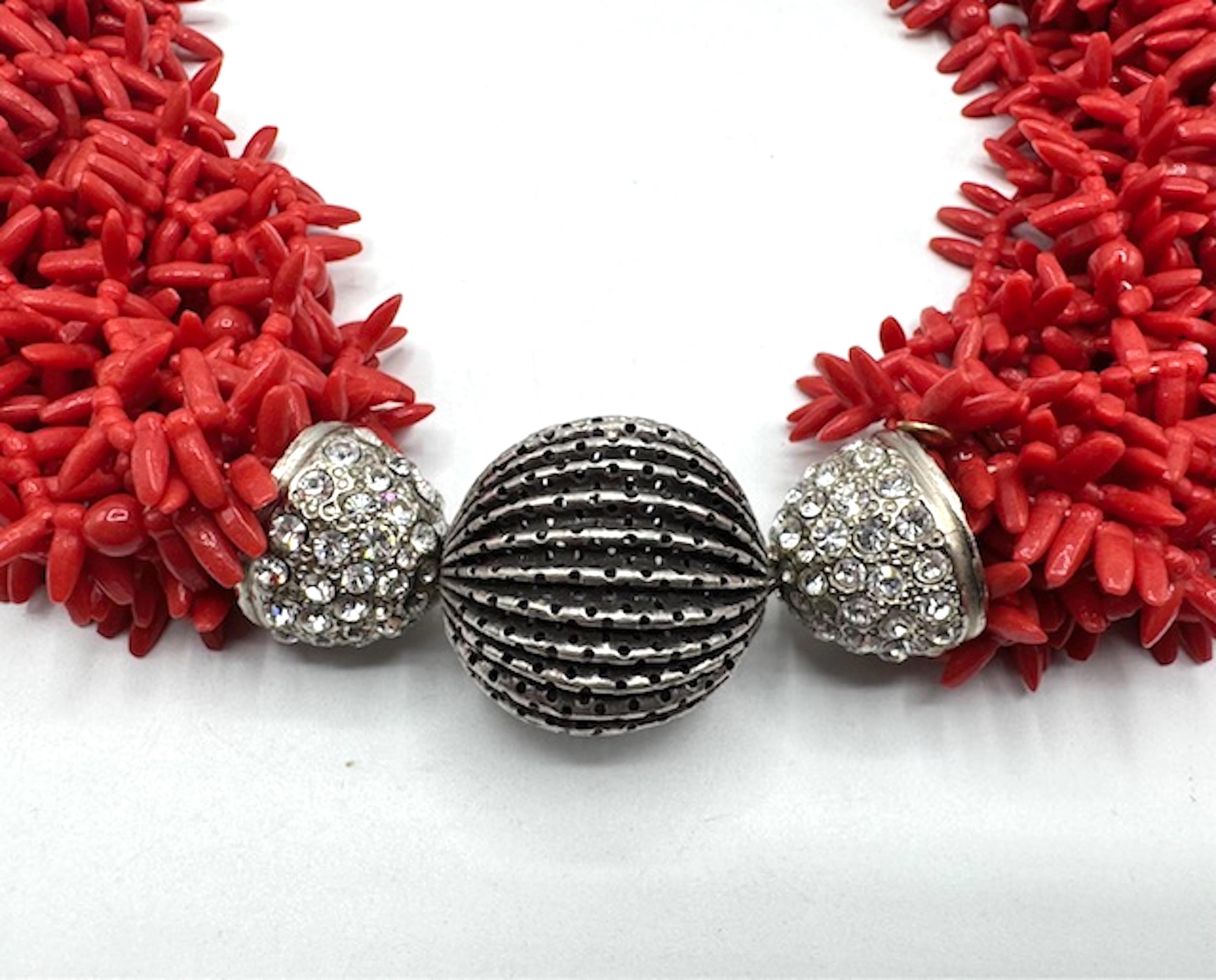 Carlo Zini Faux Sicilian Coral, Sivler & Rhinestone Multi Strand Necklace For Sale 7