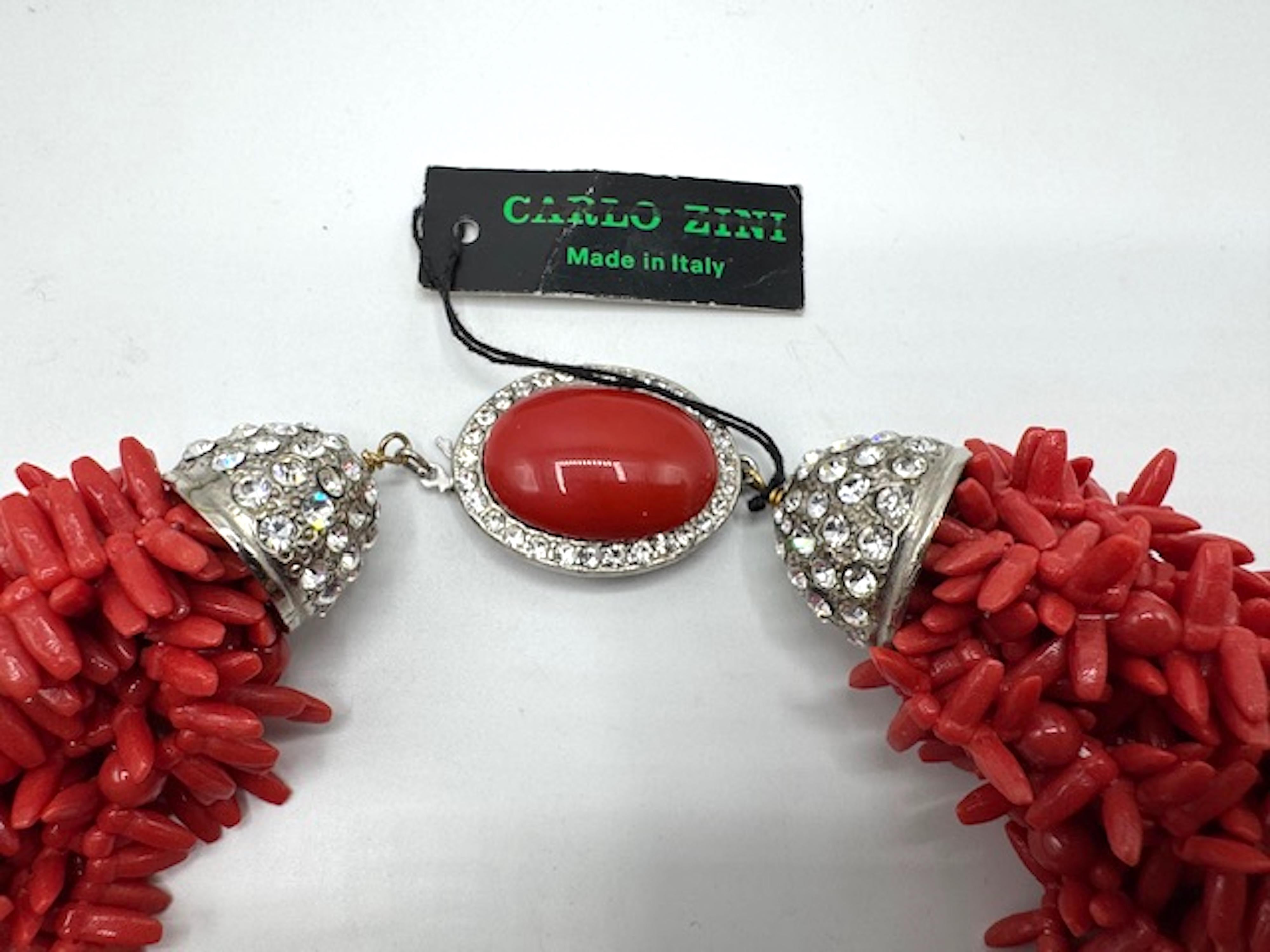 Carlo Zini Faux Sicilian Coral, Sivler & Rhinestone Multi Strand Necklace For Sale 8