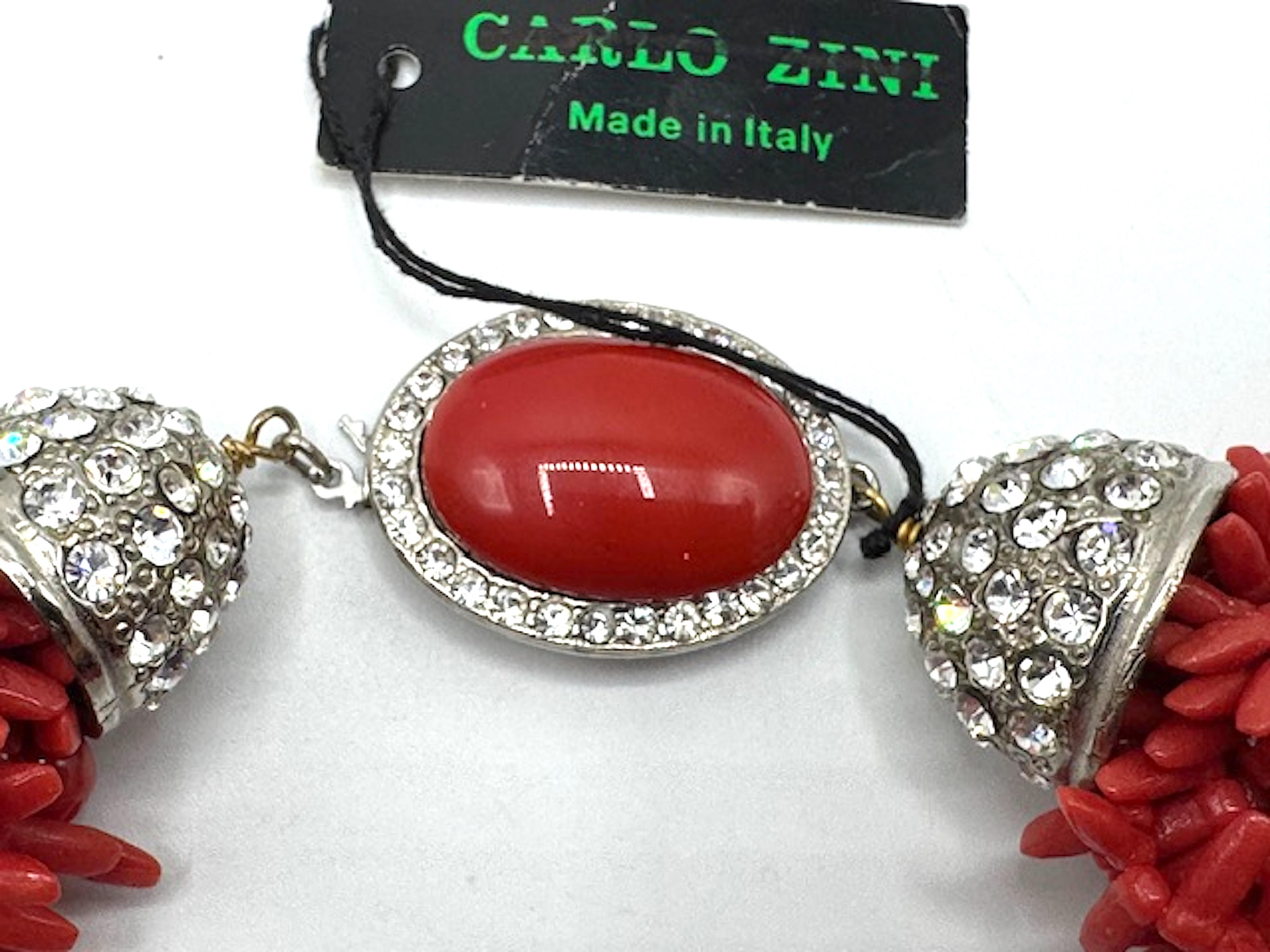 Carlo Zini Faux Sicilian Coral, Sivler & Rhinestone Multi Strand Necklace For Sale 9