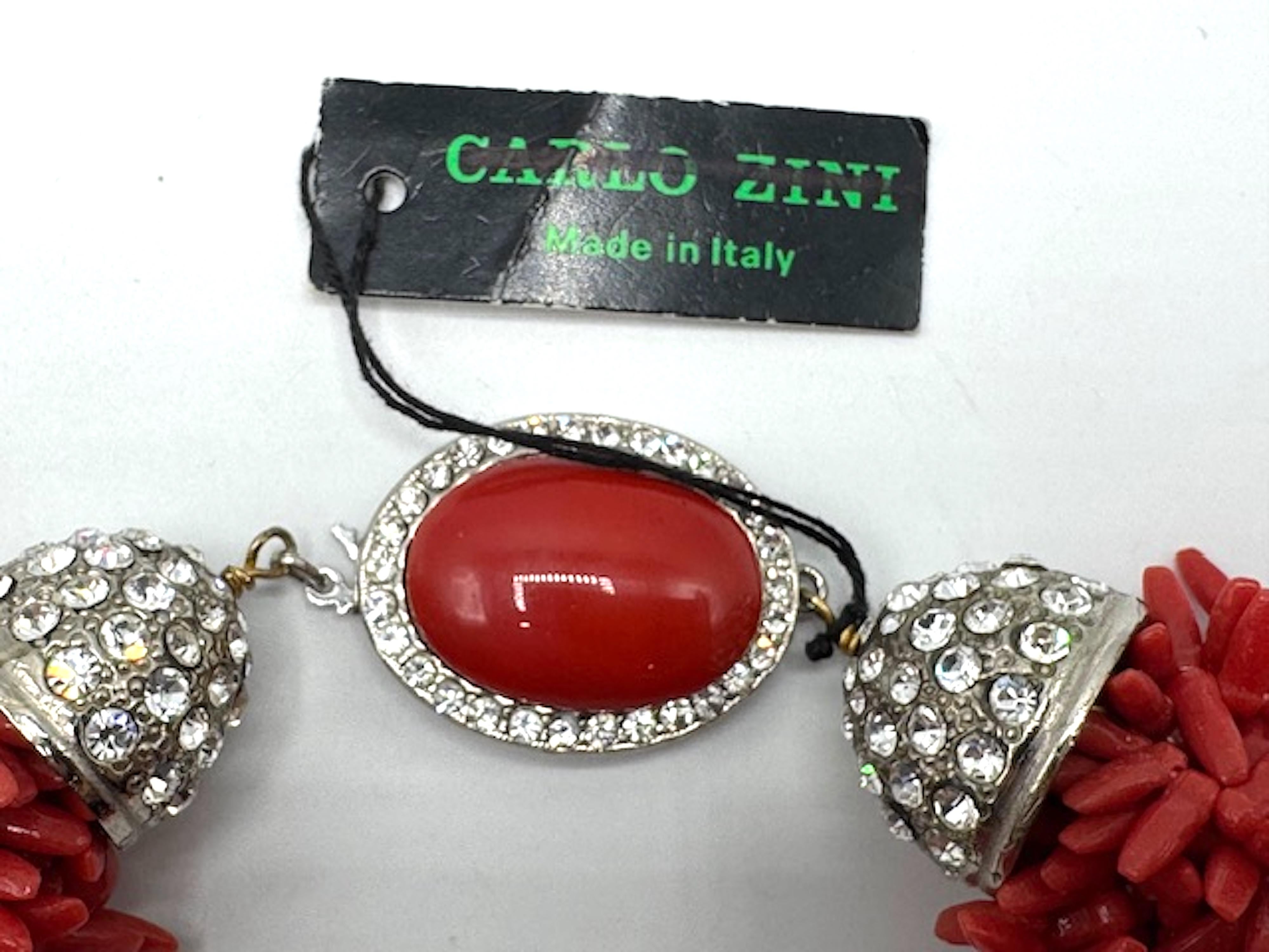 Carlo Zini Faux Sicilian Coral, Sivler & Rhinestone Multi Strand Necklace For Sale 10