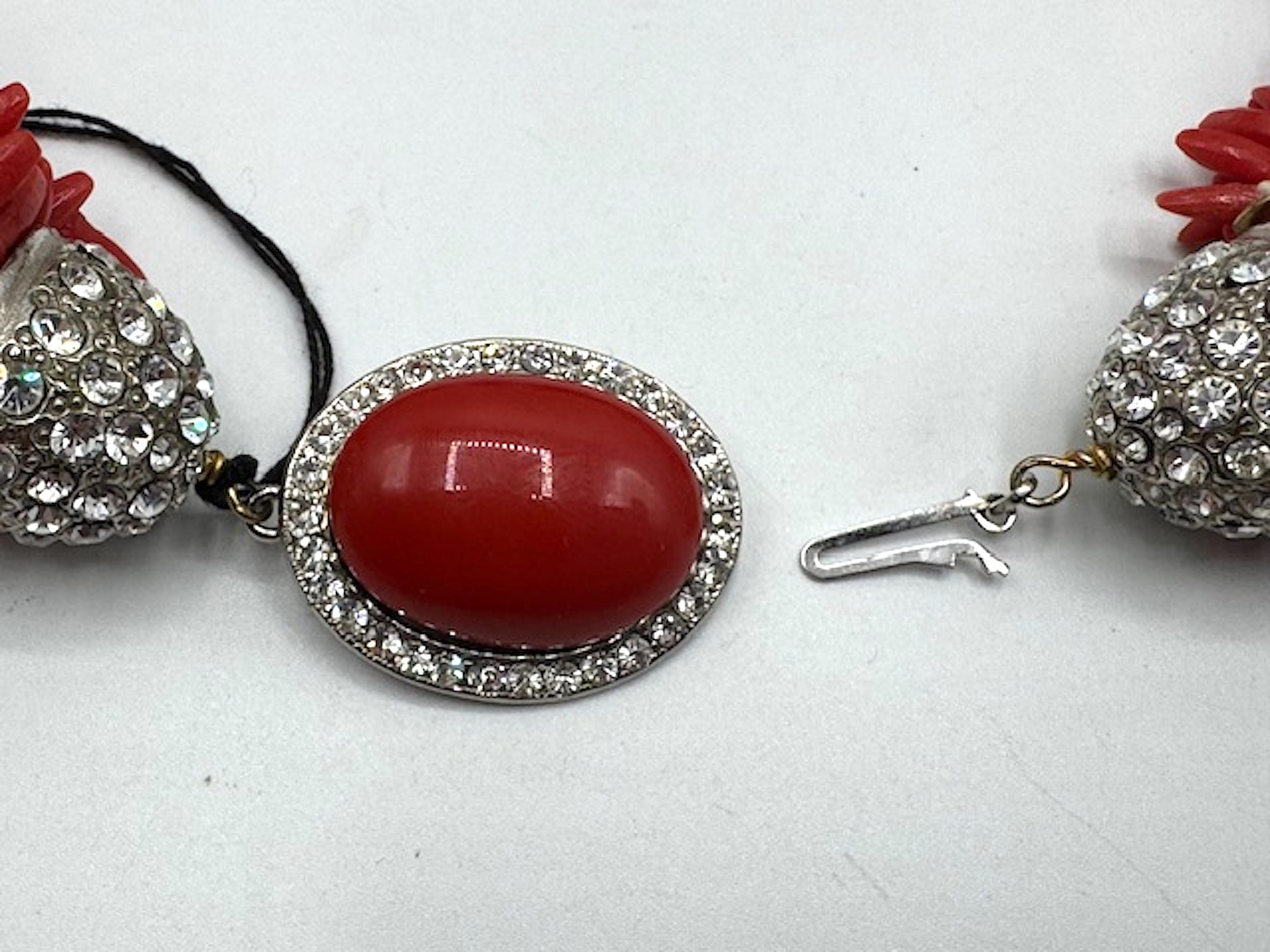 Carlo Zini Faux Sicilian Coral, Sivler & Rhinestone Multi Strand Necklace For Sale 12