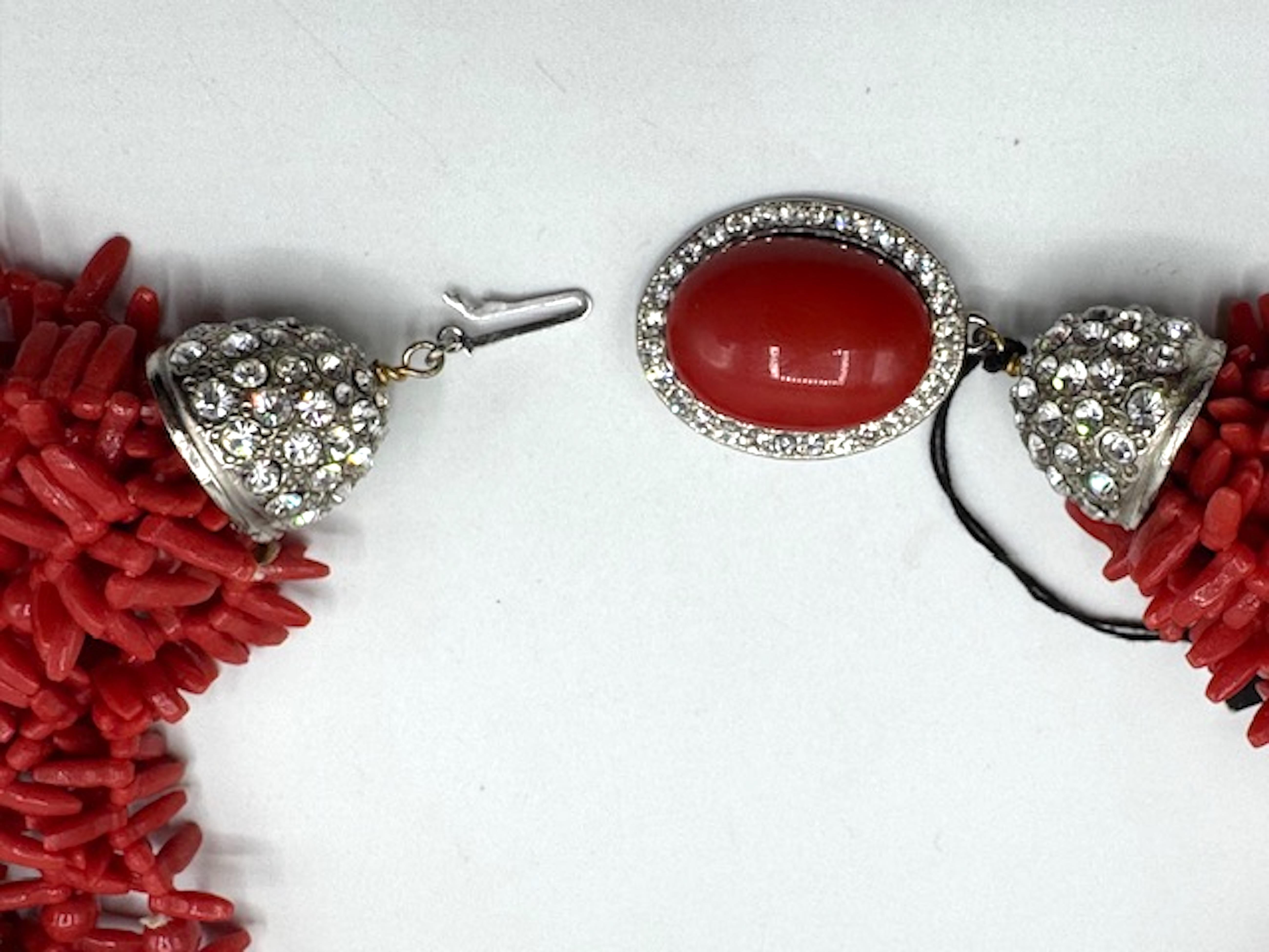 Carlo Zini Faux Sicilian Coral, Sivler & Rhinestone Multi Strand Necklace For Sale 13