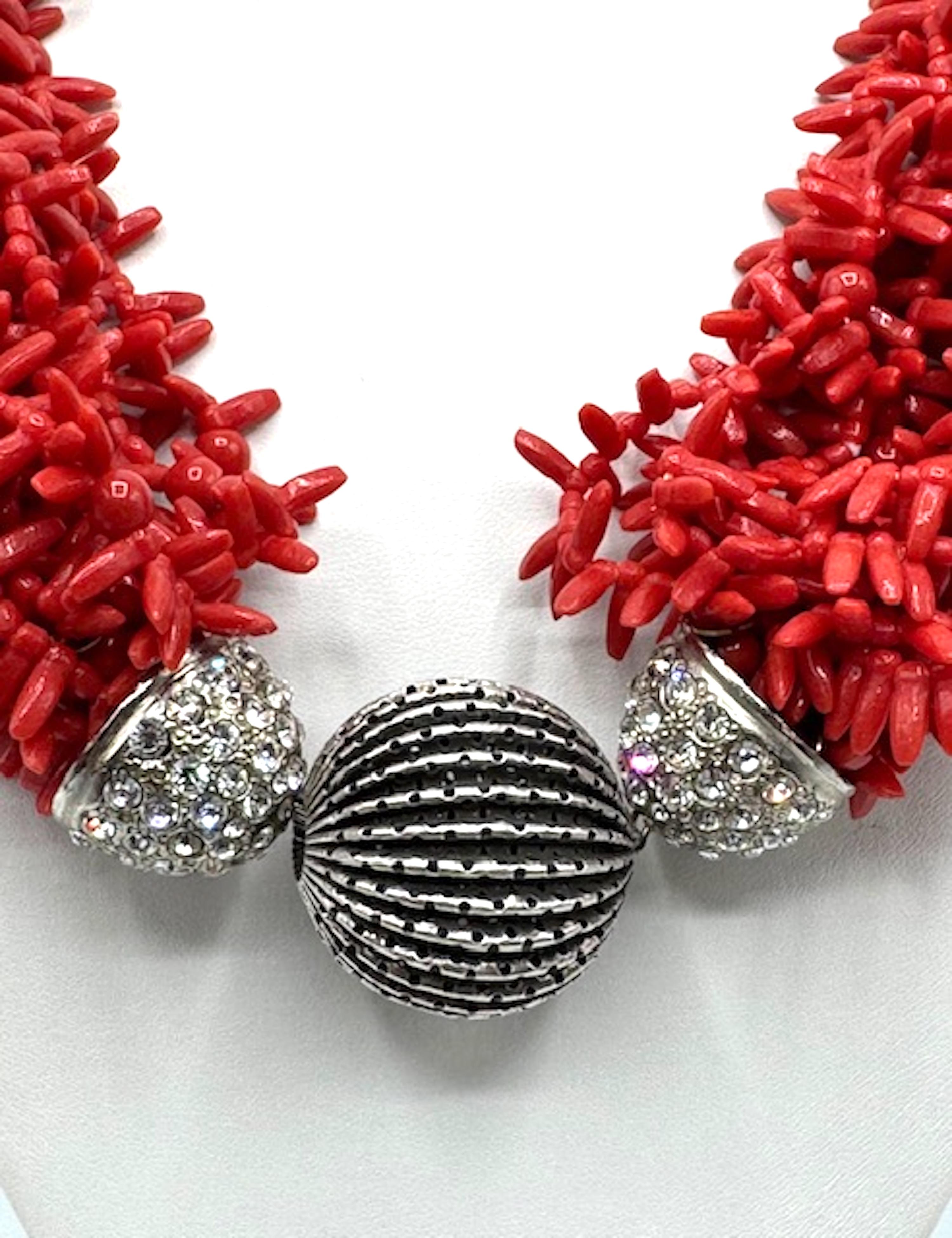 Carlo Zini Faux Sicilian Coral, Sivler & Rhinestone Multi Strand Necklace In Good Condition For Sale In New York, NY