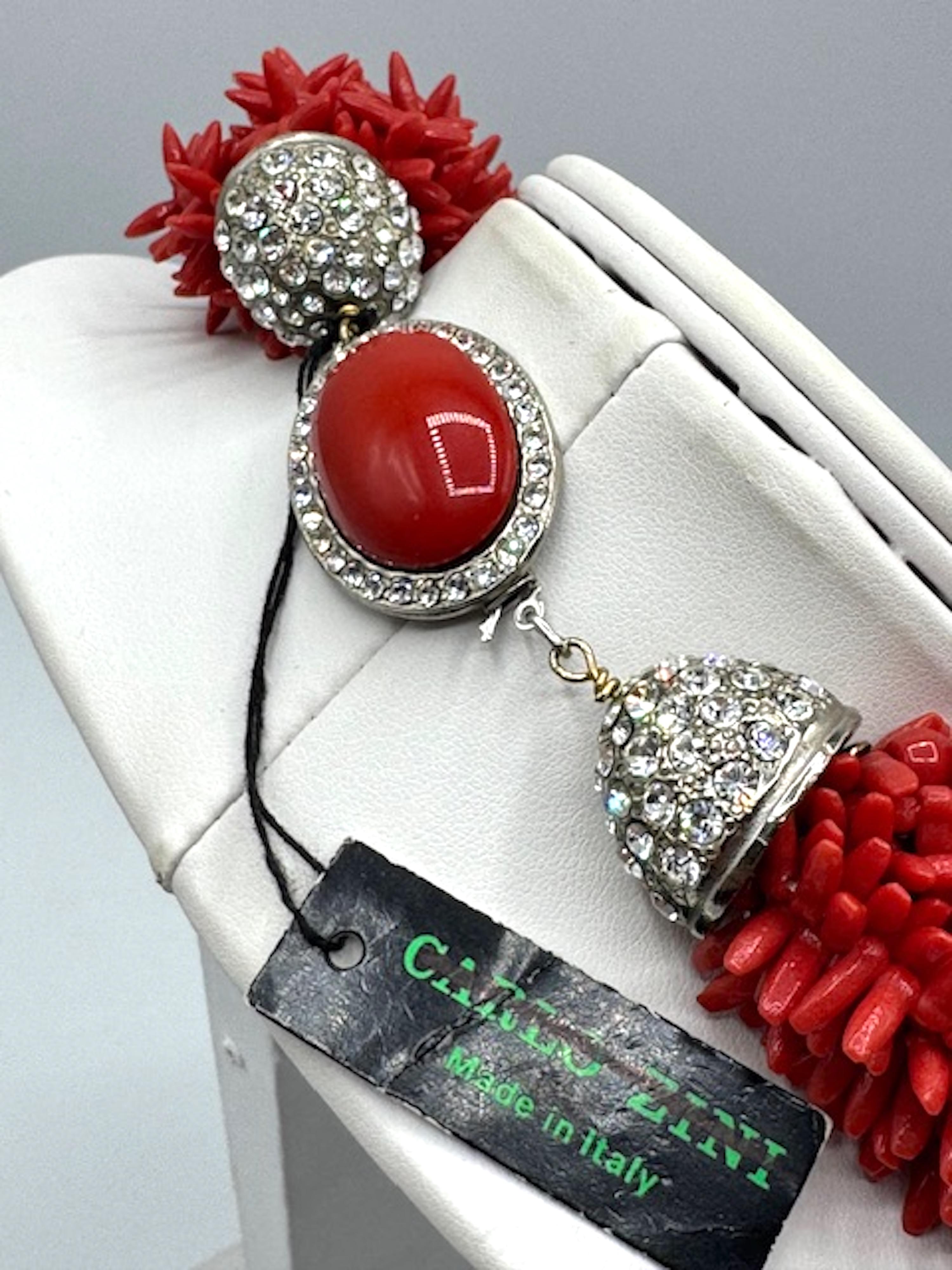 Carlo Zini Faux Sicilian Coral, Sivler & Rhinestone Multi Strand Necklace For Sale 1