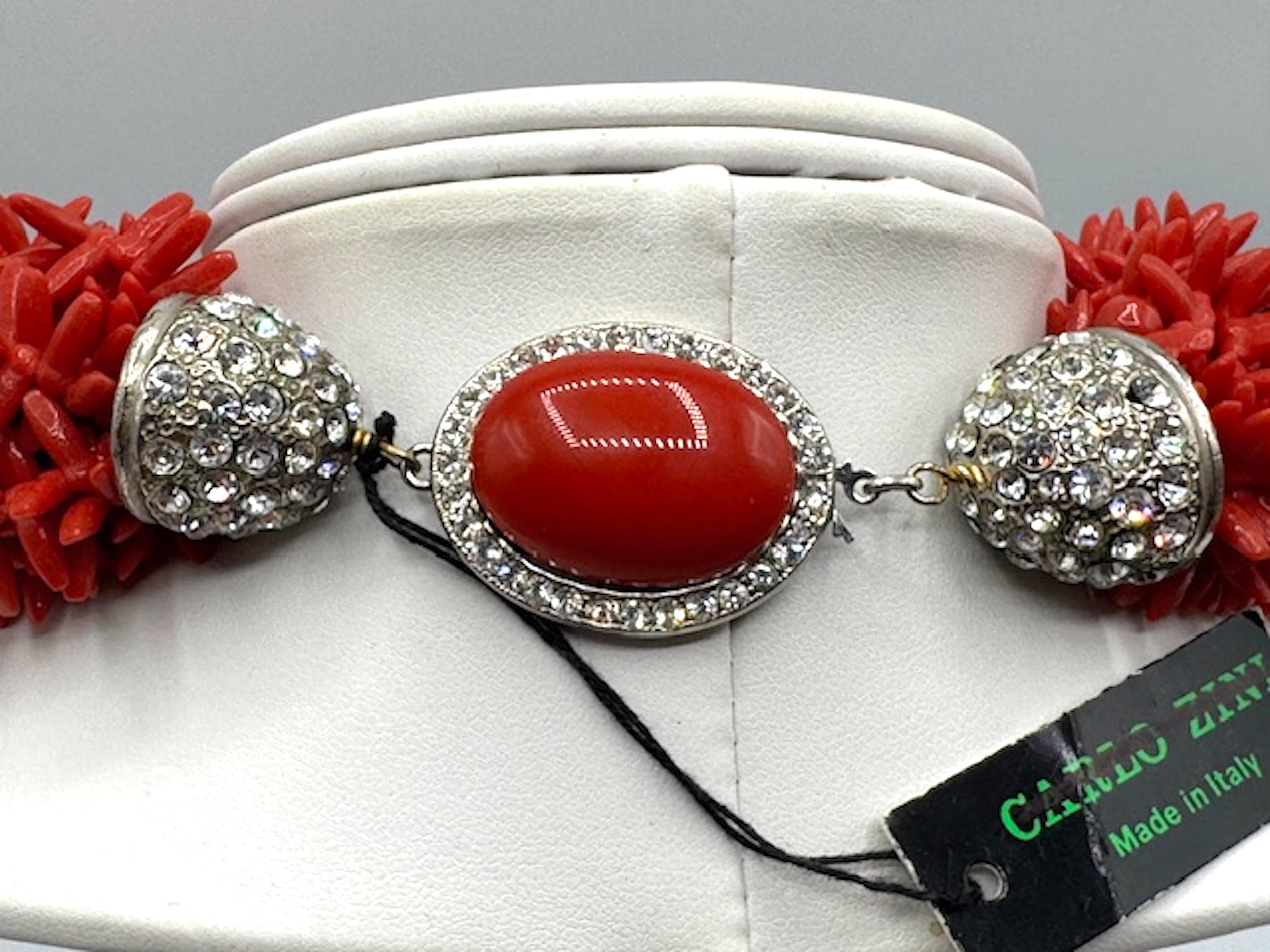 Carlo Zini Faux Sicilian Coral, Sivler & Rhinestone Multi Strand Necklace For Sale 2
