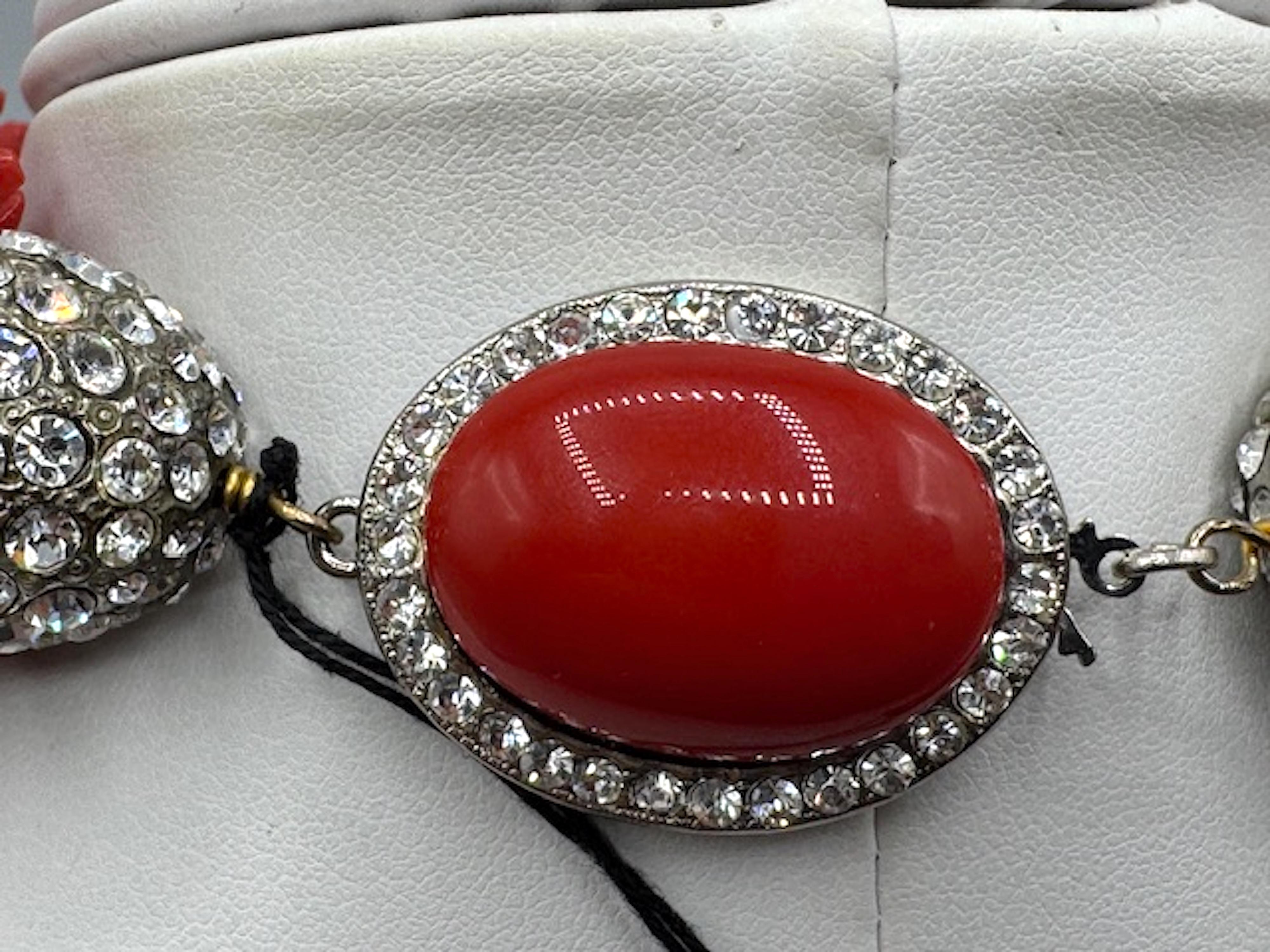 Carlo Zini Faux Sicilian Coral, Sivler & Rhinestone Multi Strand Necklace For Sale 3