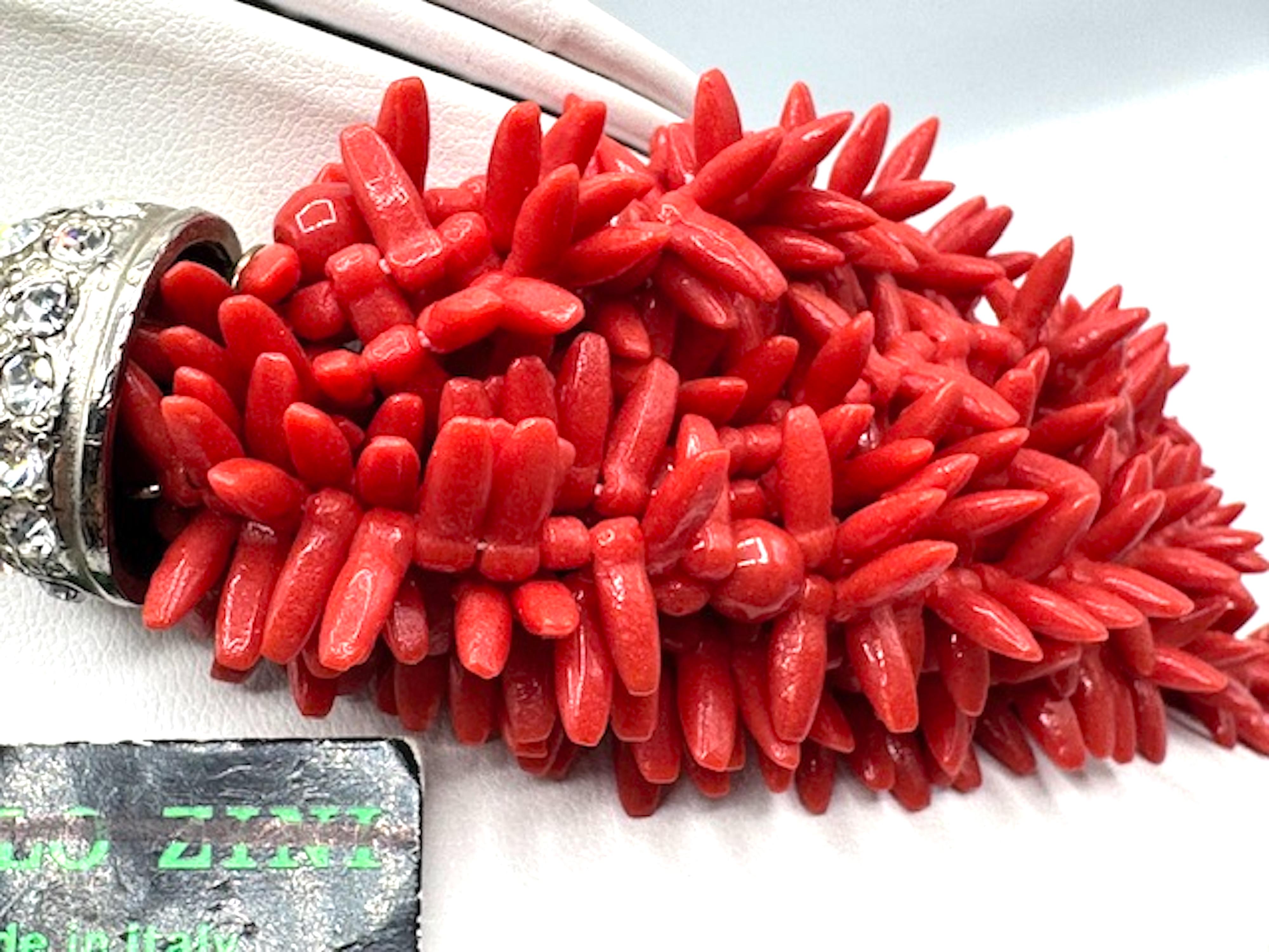 Carlo Zini Faux Sicilian Coral, Sivler & Rhinestone Multi Strand Necklace For Sale 4