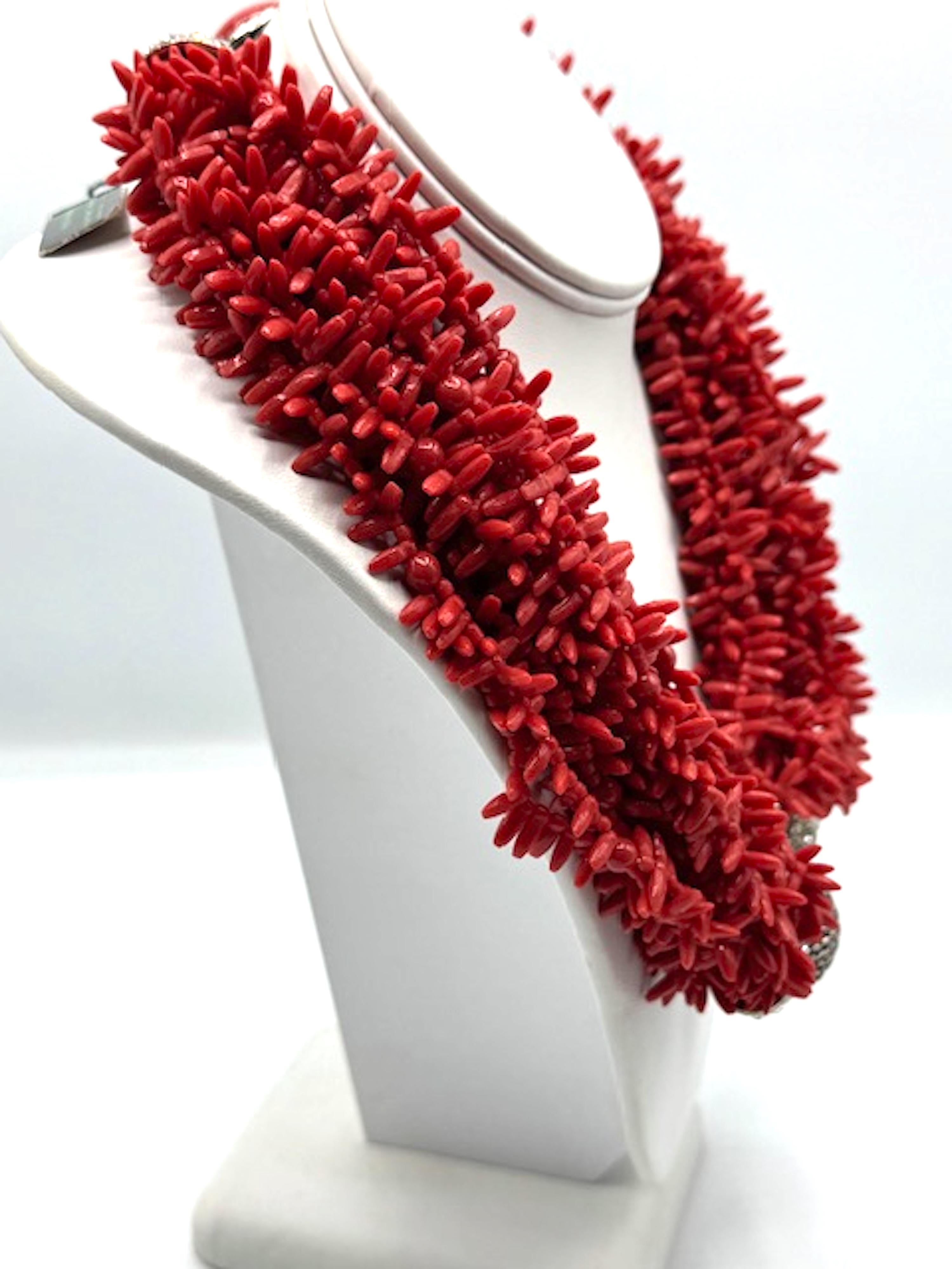 Carlo Zini Faux Sicilian Coral, Sivler & Rhinestone Multi Strand Necklace For Sale 5
